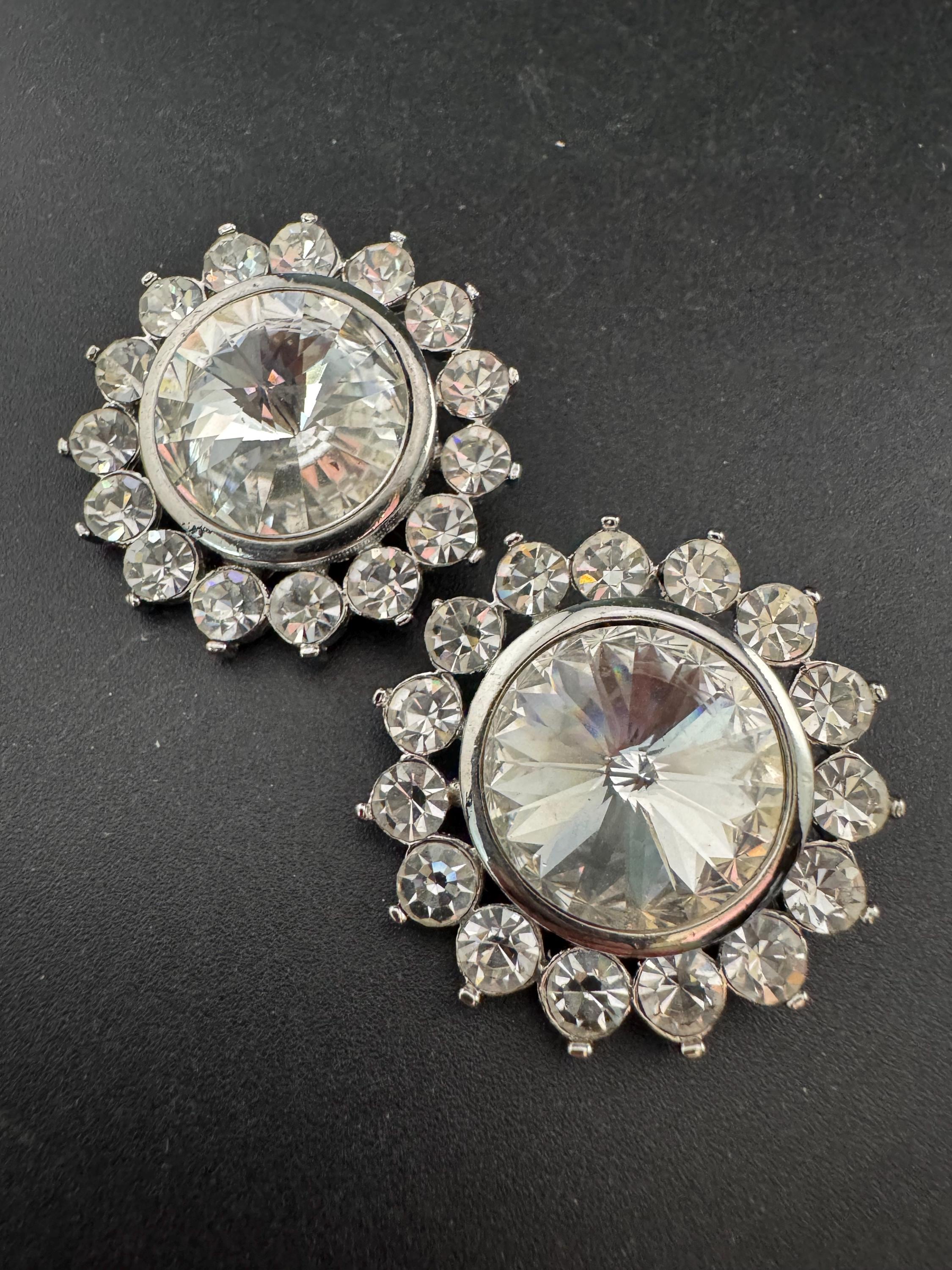 vintage oversized 3.5cm silver tone clear genuine Swarovski Rivoli crystal earrings