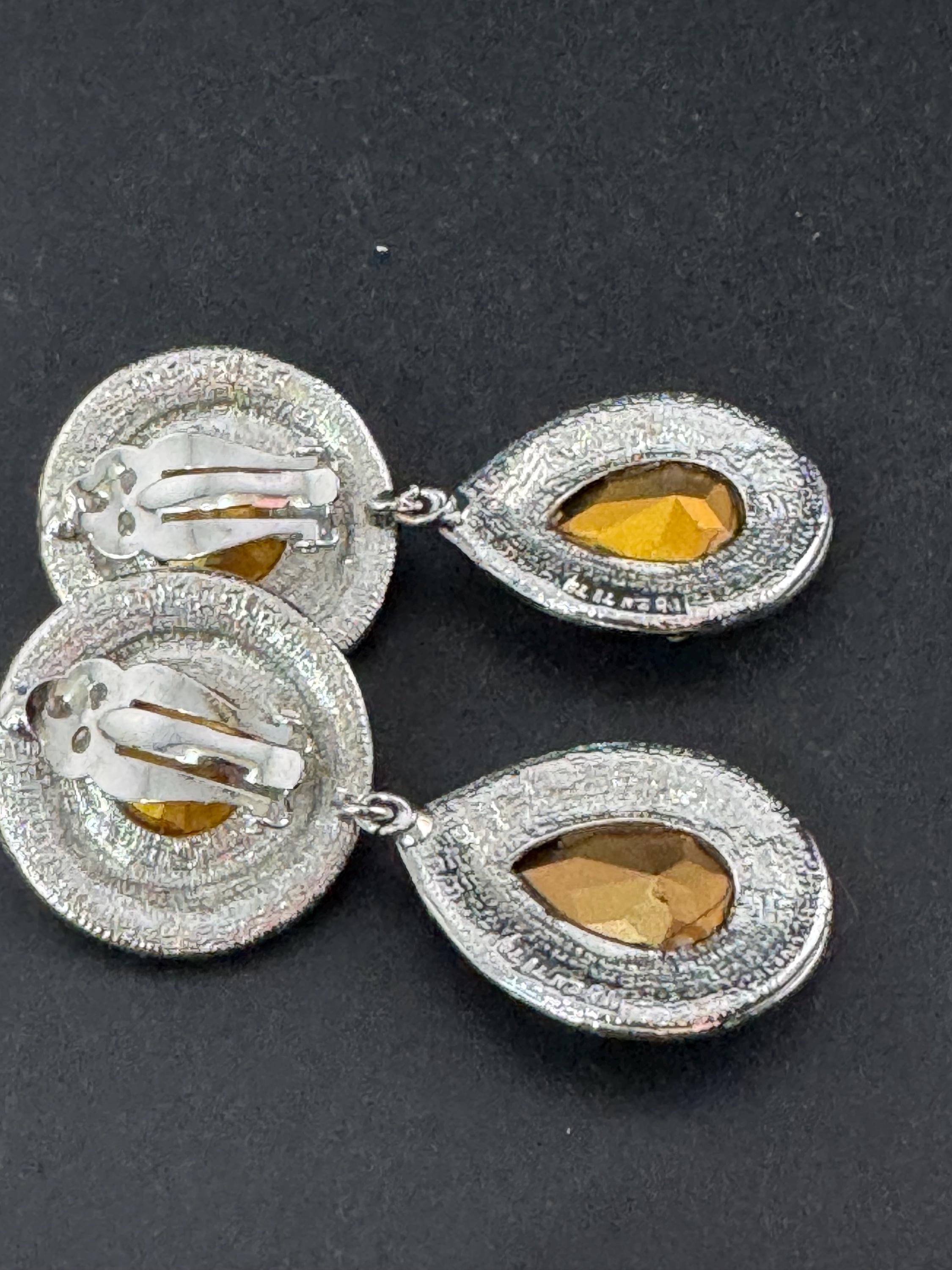 vintage oversized 6cm silver tone clear Rivoli Swarovski crystal teardrop dangly earrings