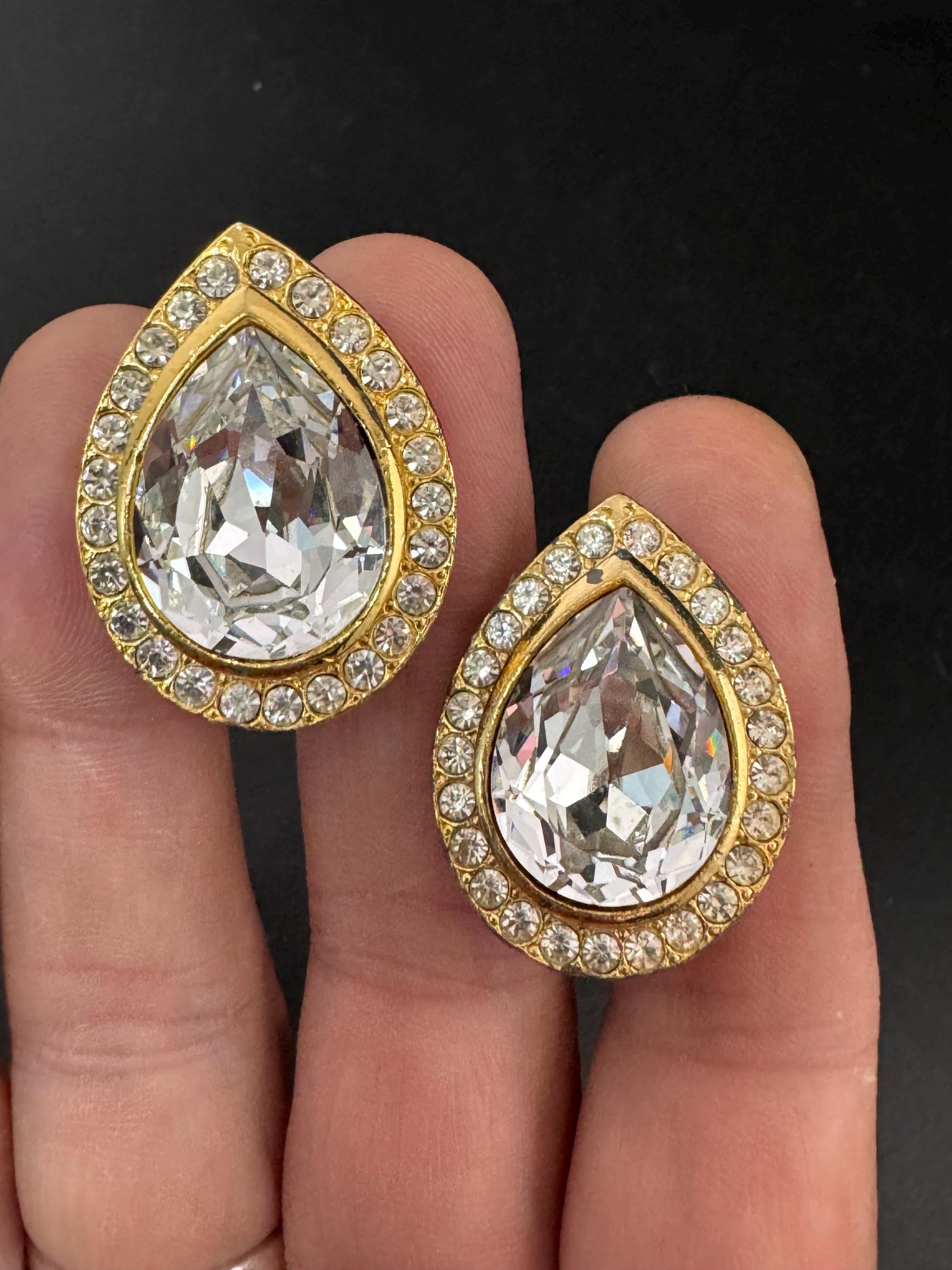 vintage oversized 3.5cm gold tone clear glass Swarovski crystal teardrop stud earrings 1980s