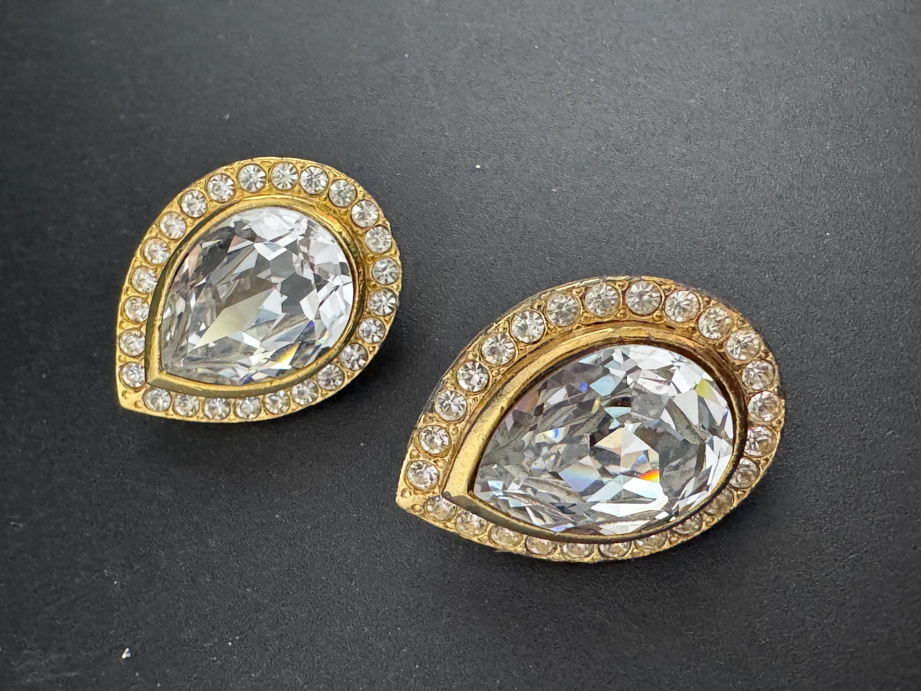 vintage oversized 3.5cm gold tone clear glass Swarovski crystal teardrop stud earrings 1980s