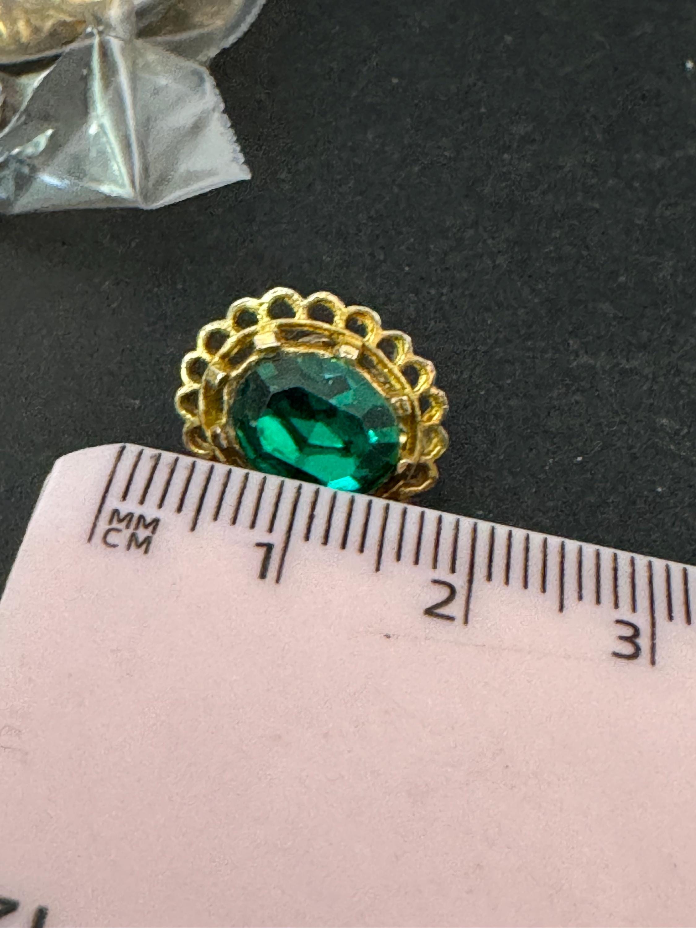 Vintage Gold Tone Green glass diamanté Clip On Earrings, Emerald Rhinestone studs