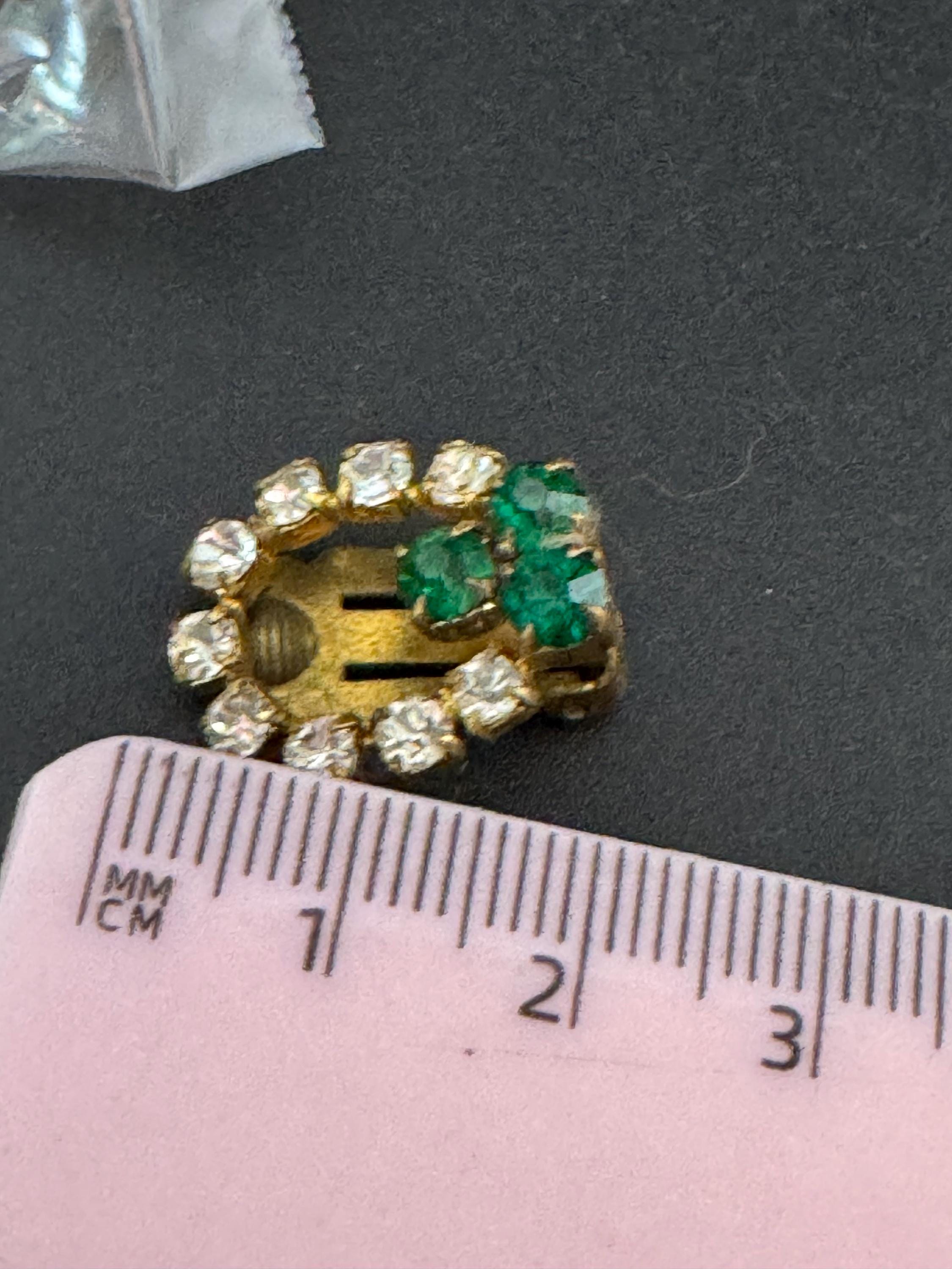 Vintage lucky shamrock clover Gold Tone Green glass diamanté Clip On Earrings, Emerald Rhinestone studs