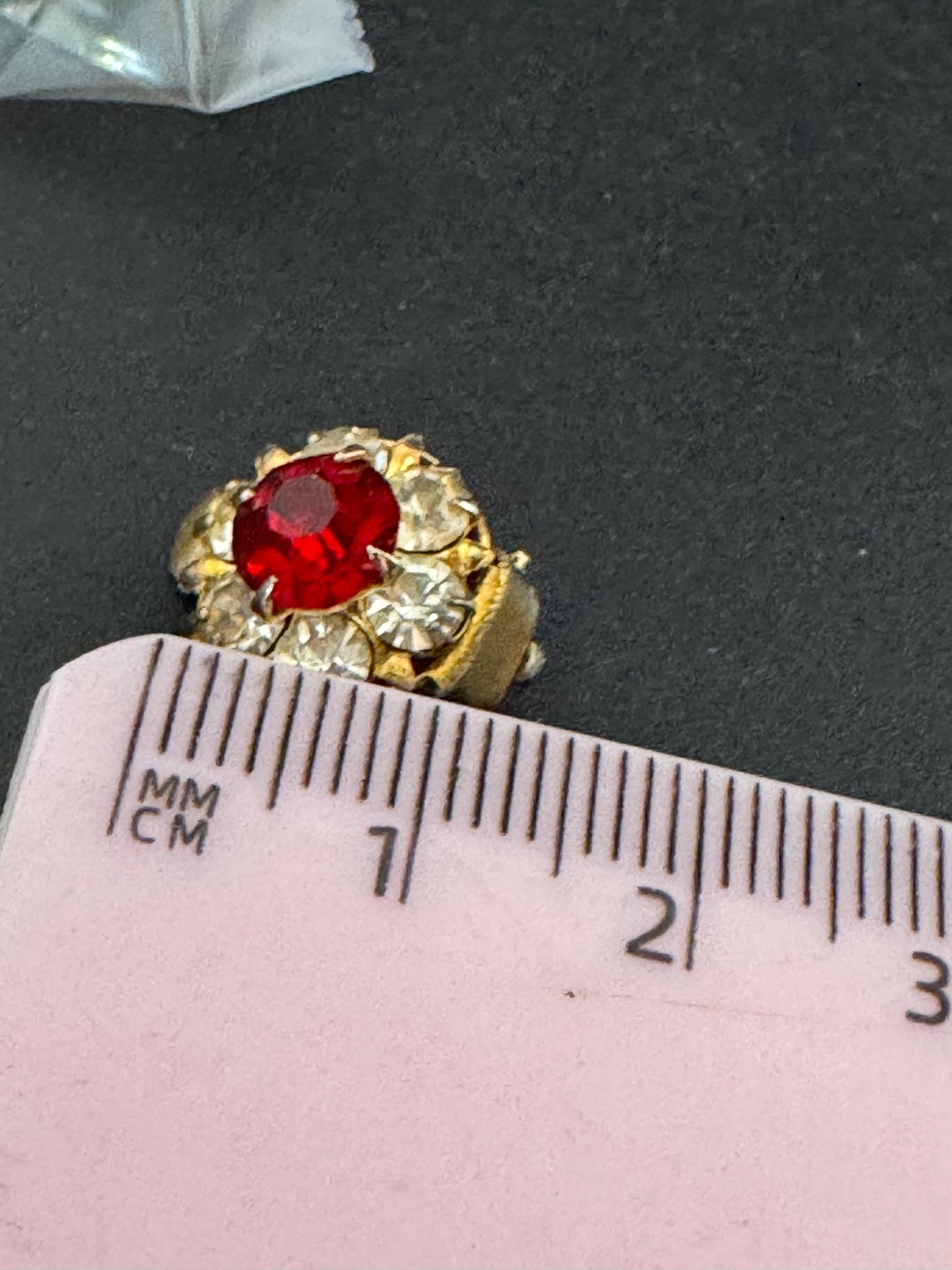 vintage dainty silver tone ruby red and clear rhinestone round earrings