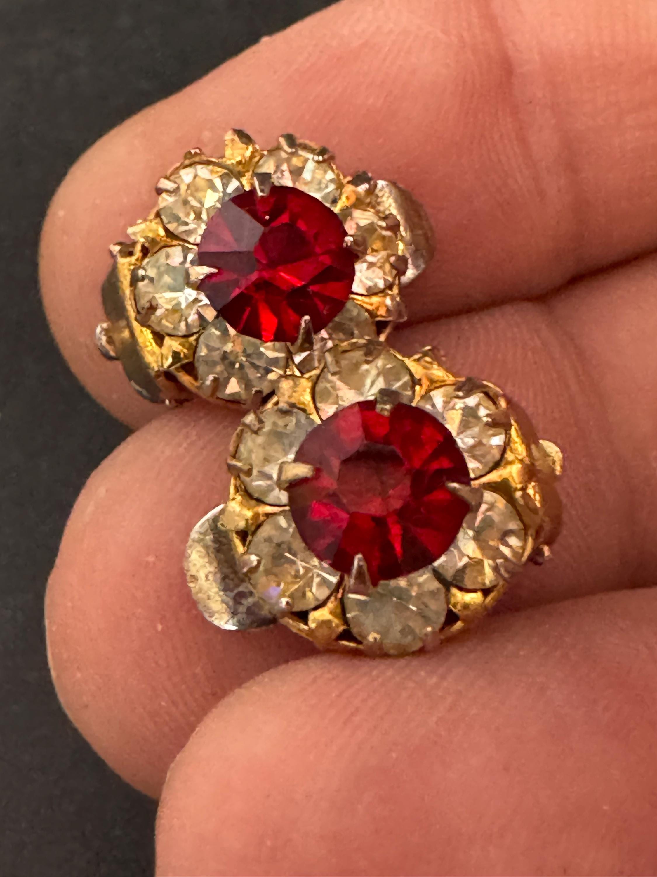 vintage dainty silver tone ruby red and clear rhinestone round earrings