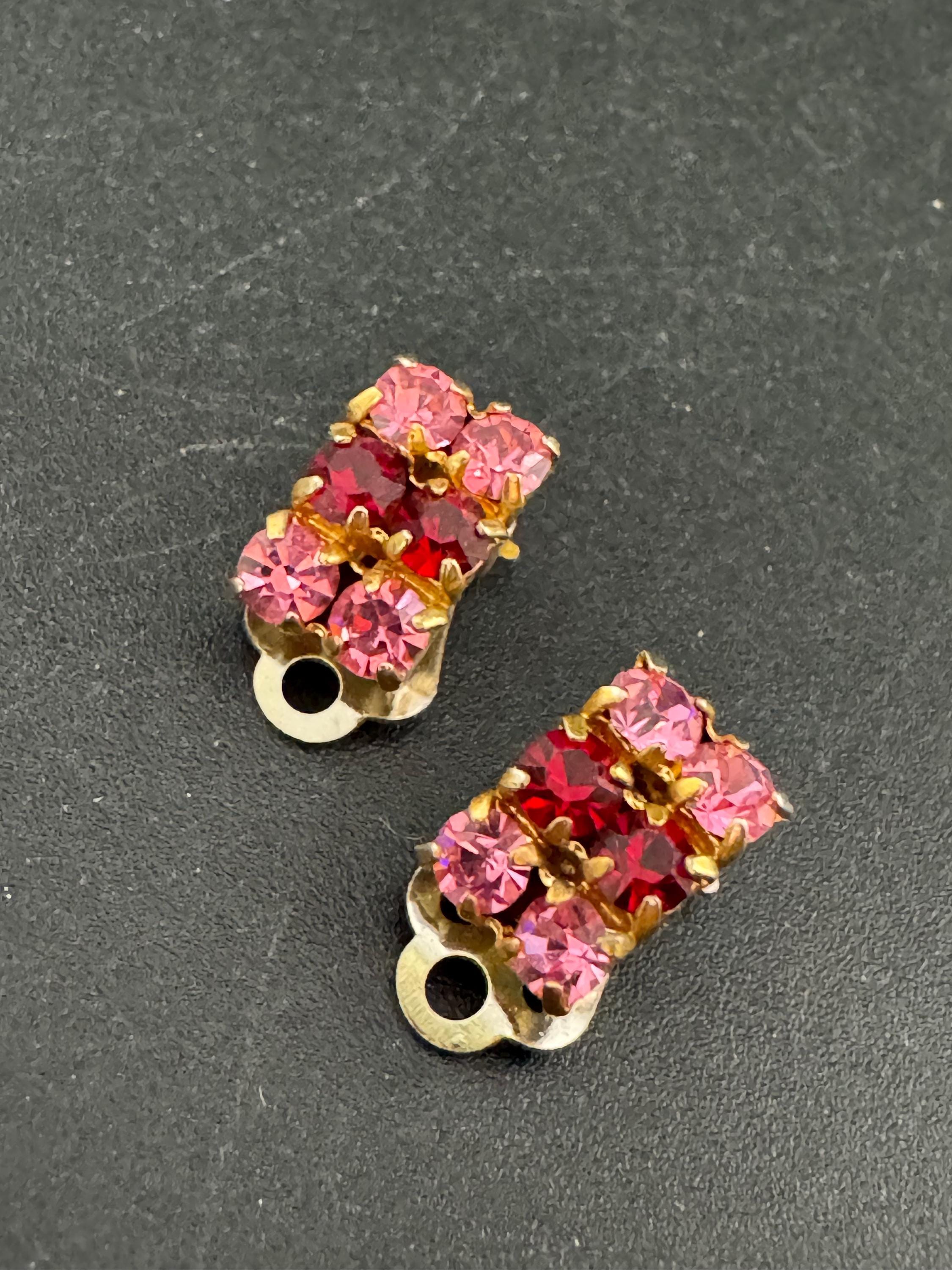 Vintage Pink Rhinestone small Clip On Stud Earrings Mid Century 1950s