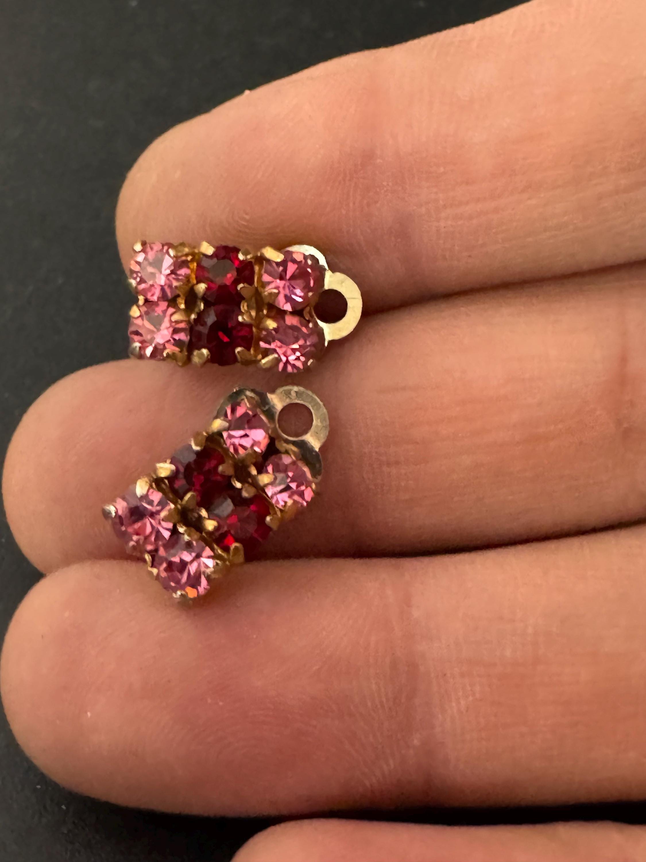 Vintage Pink Rhinestone small Clip On Stud Earrings Mid Century 1950s