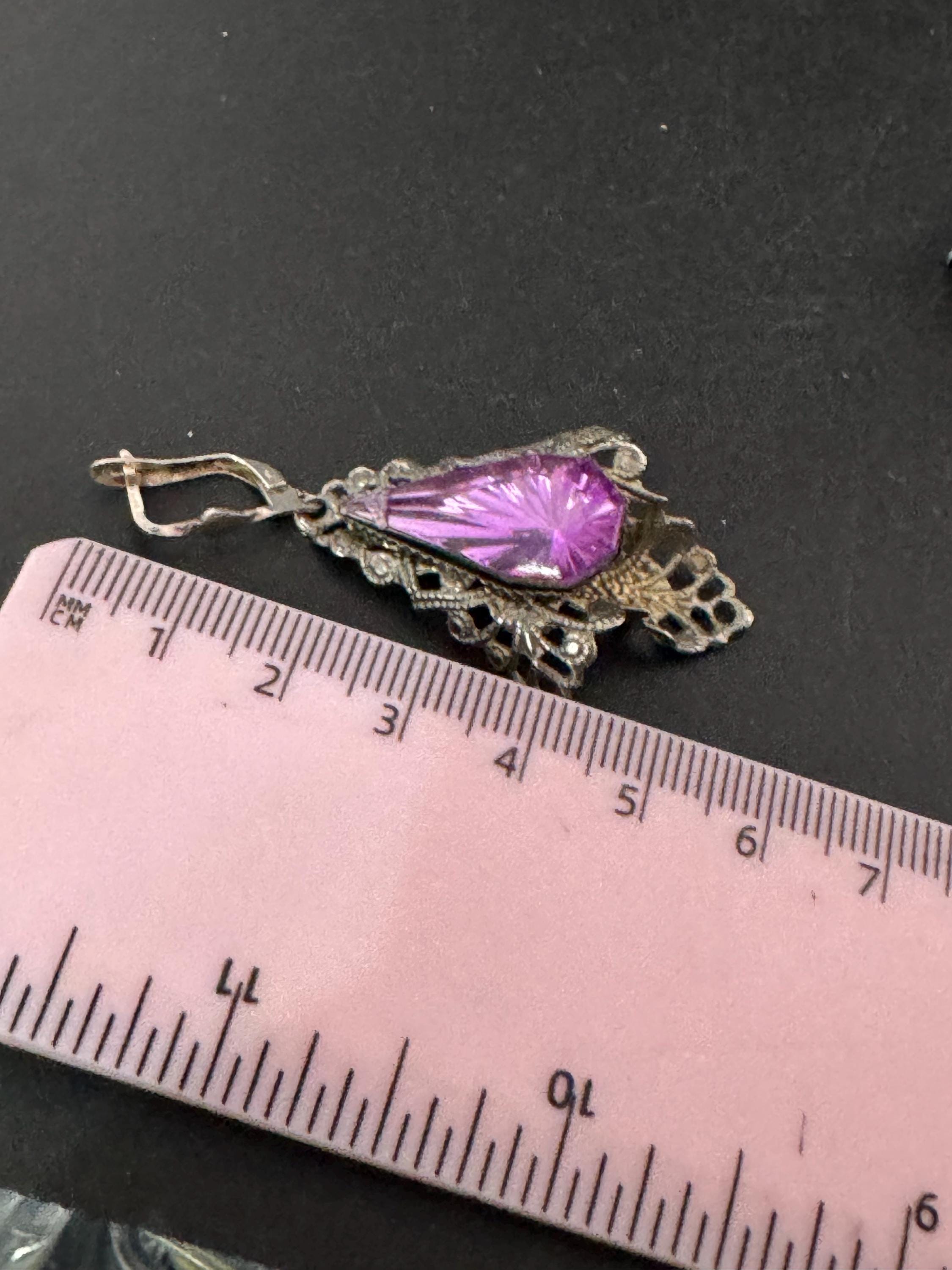 Vintage Czech pink ruby Rhinestone Long Drop pierced filigree dangly Earrings
