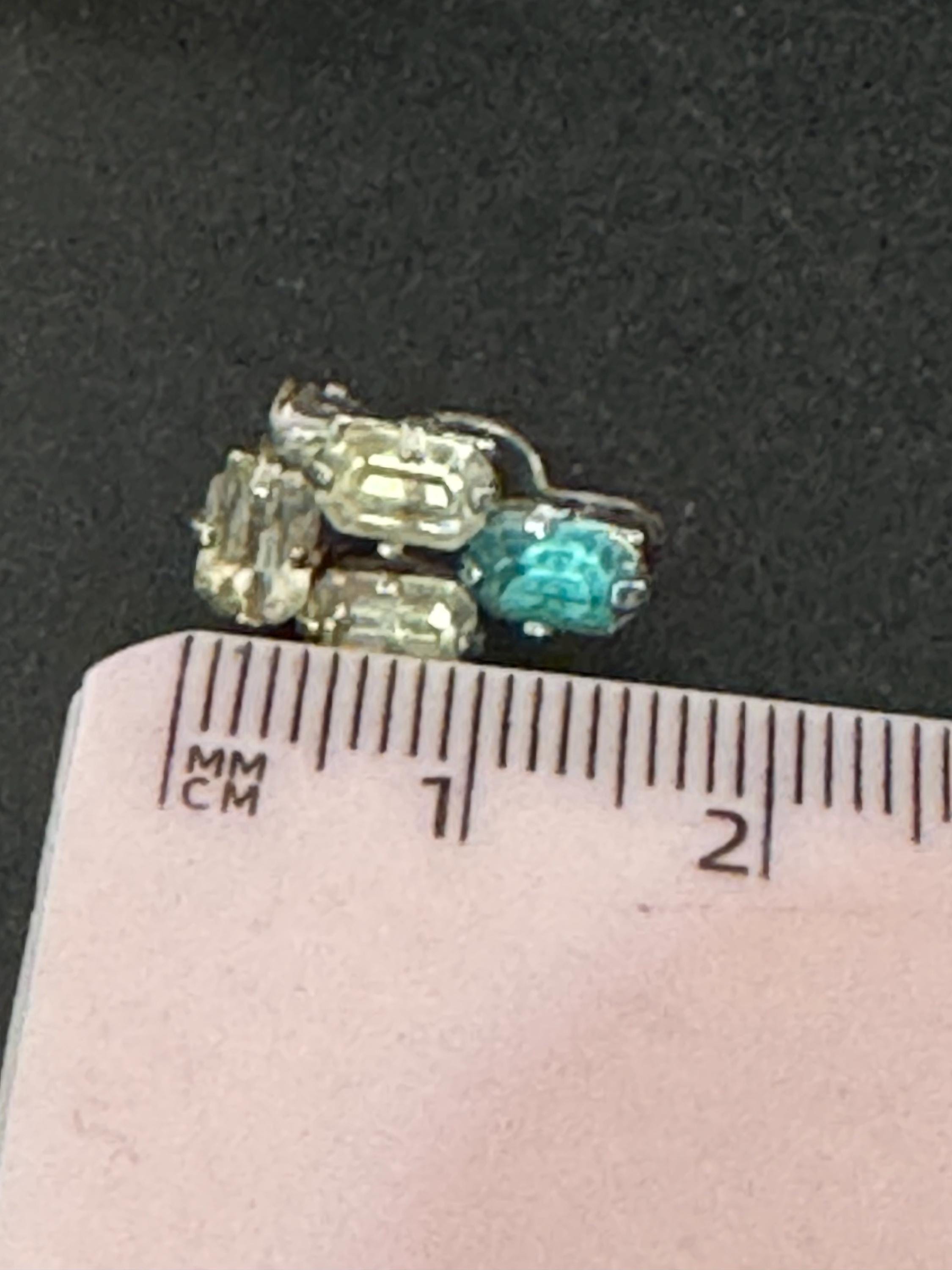 Vintage Diamante Clip On Earrings: Silver Tone Sapphire & Turquoise