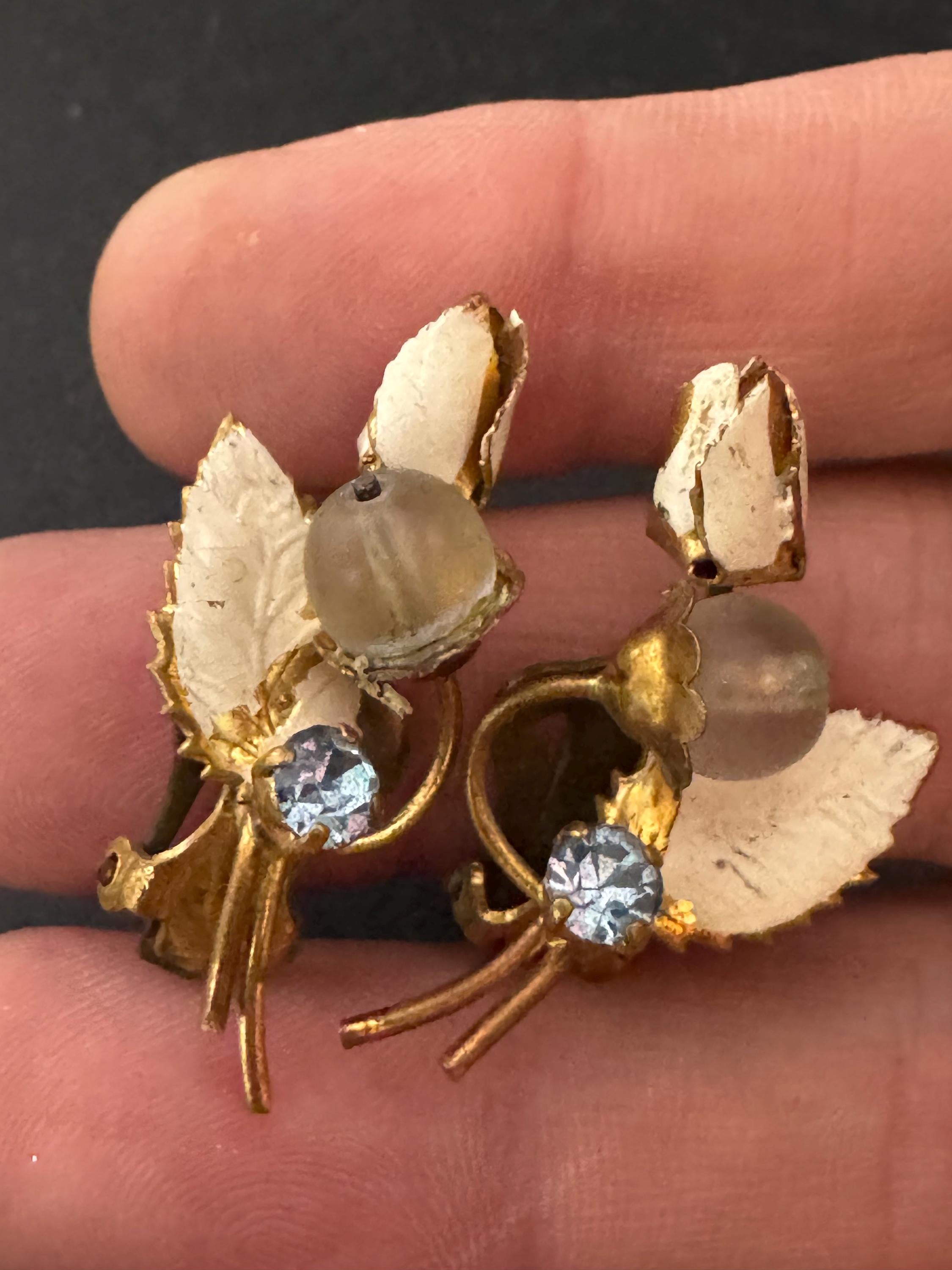 Vintage Czech cream cold painted enamel floral blue rhinestone clip on earrings