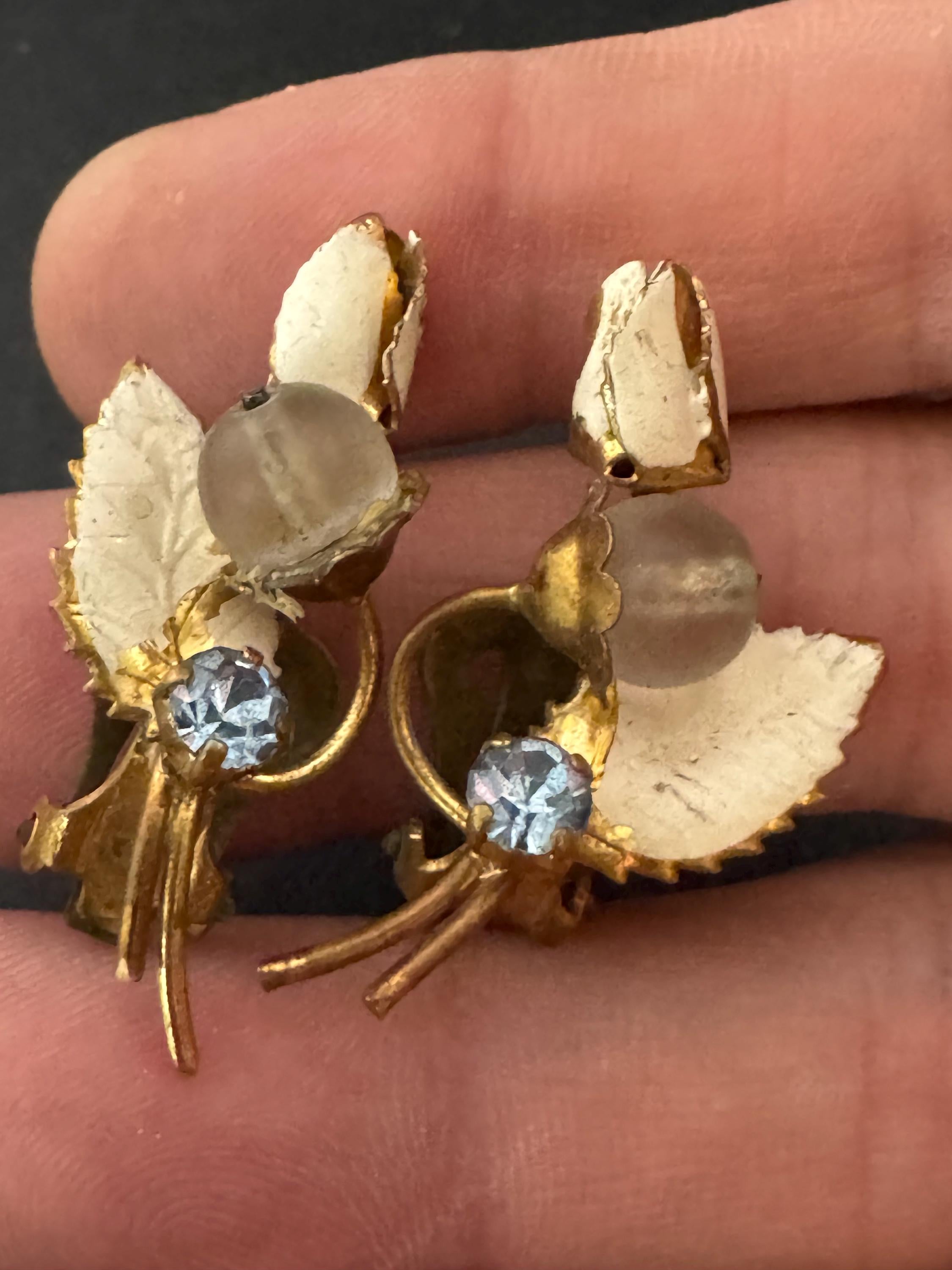 Vintage Czech cream cold painted enamel floral blue rhinestone clip on earrings