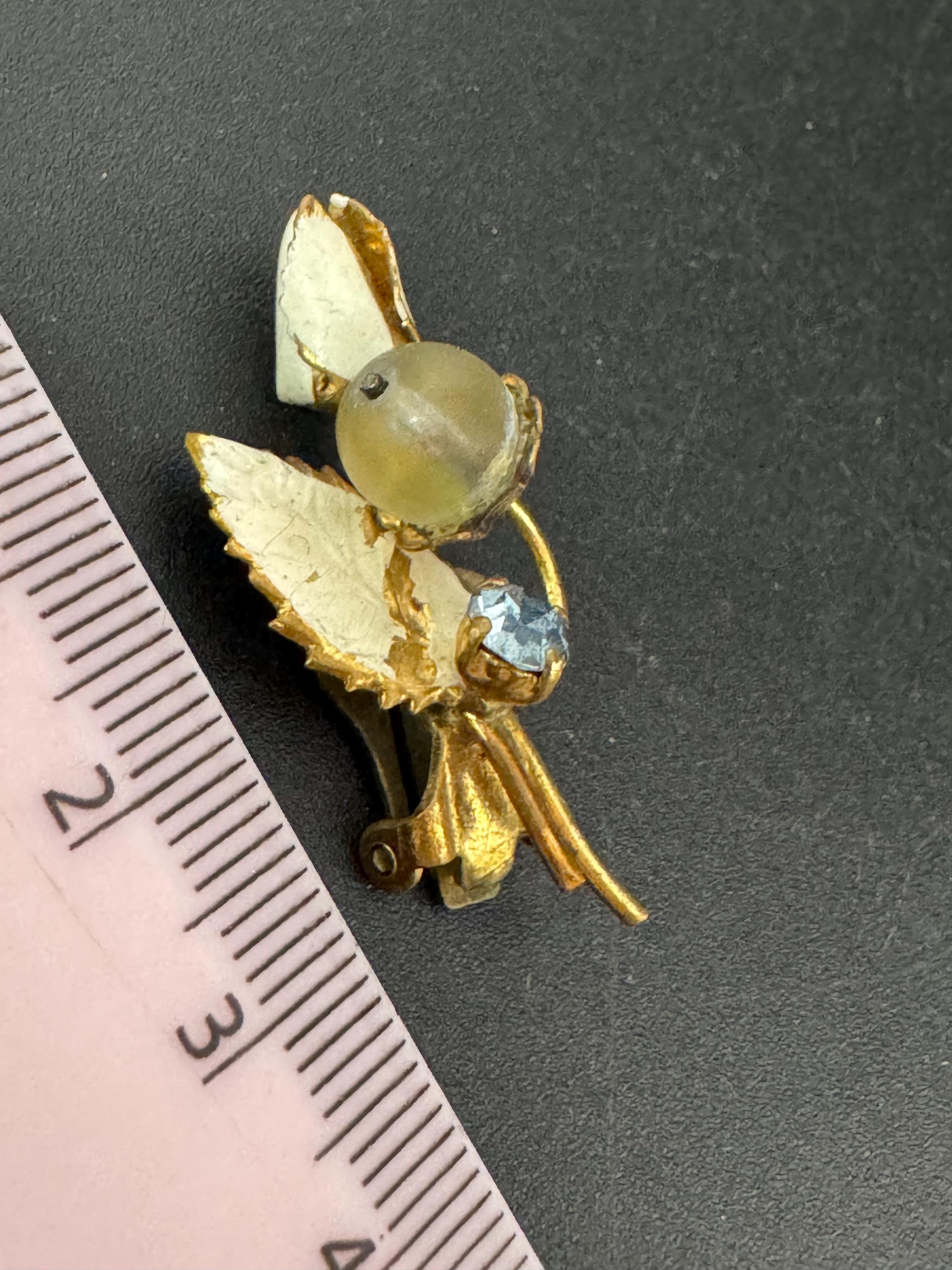 Vintage Czech cream cold painted enamel floral blue rhinestone clip on earrings