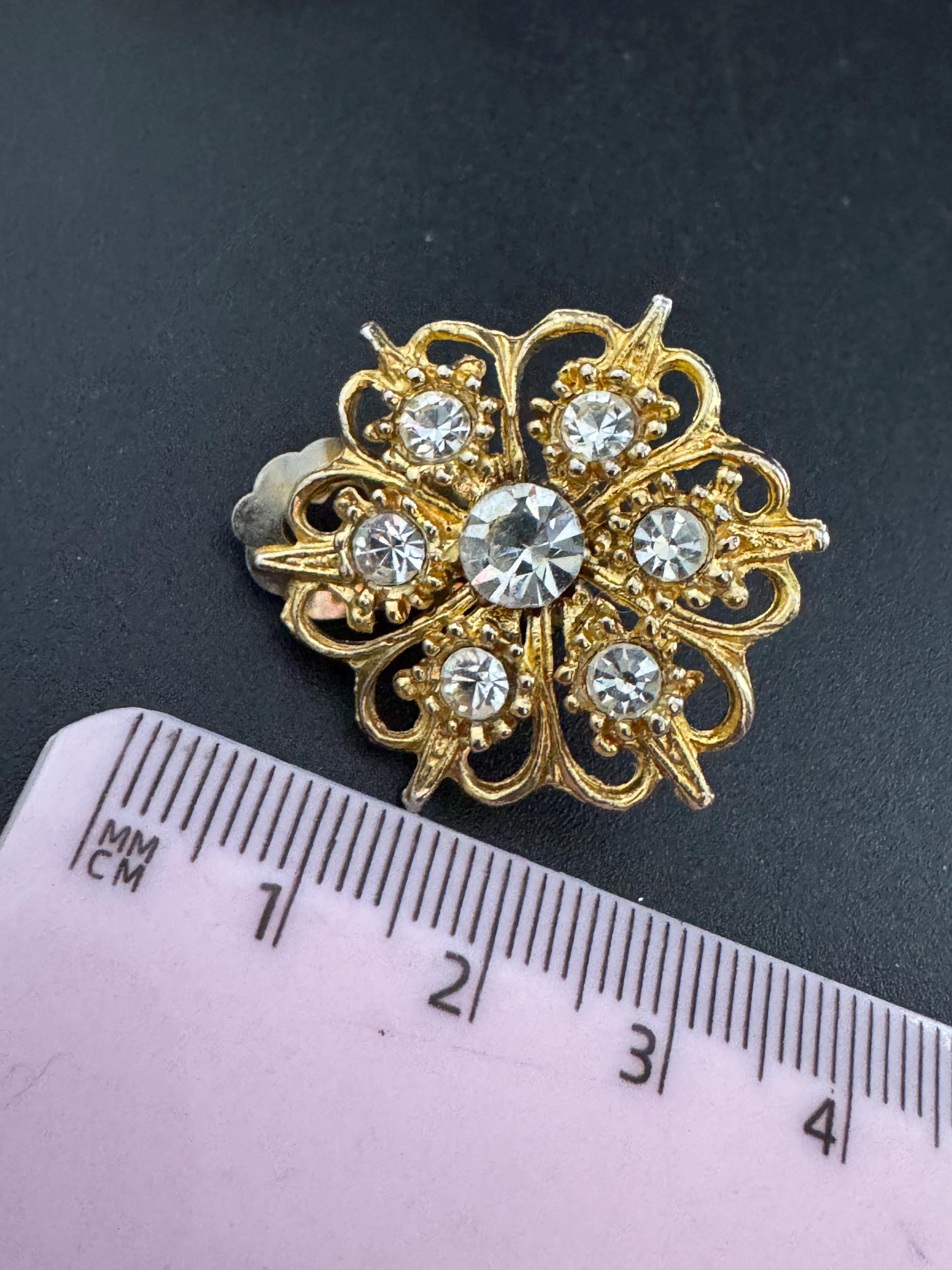 Vintage gold tone clear diamanté 3cm floral clip on earrings mid century