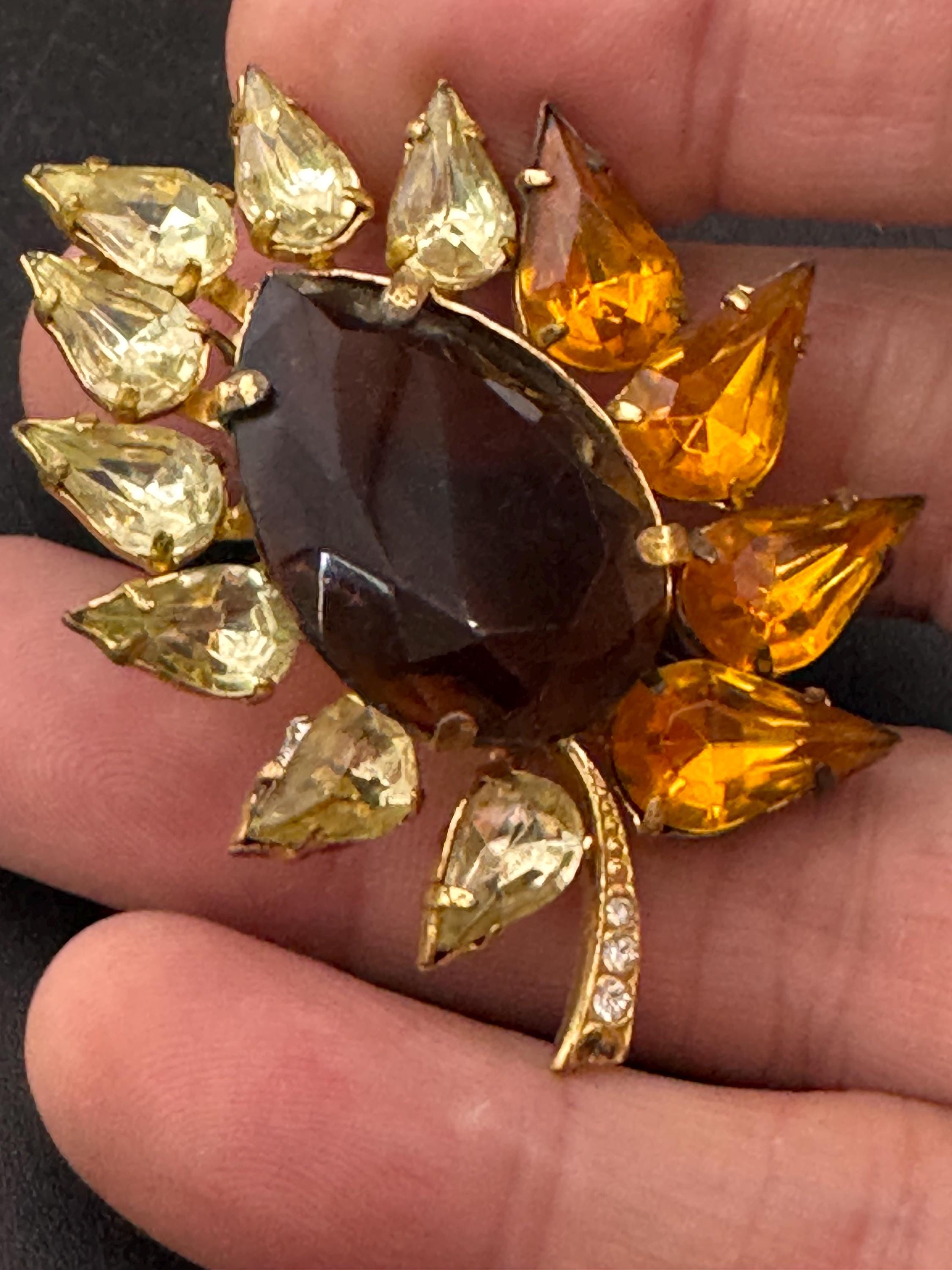Uranium UV glass vintage orange citrine and brown cognac open back brooch 1950s