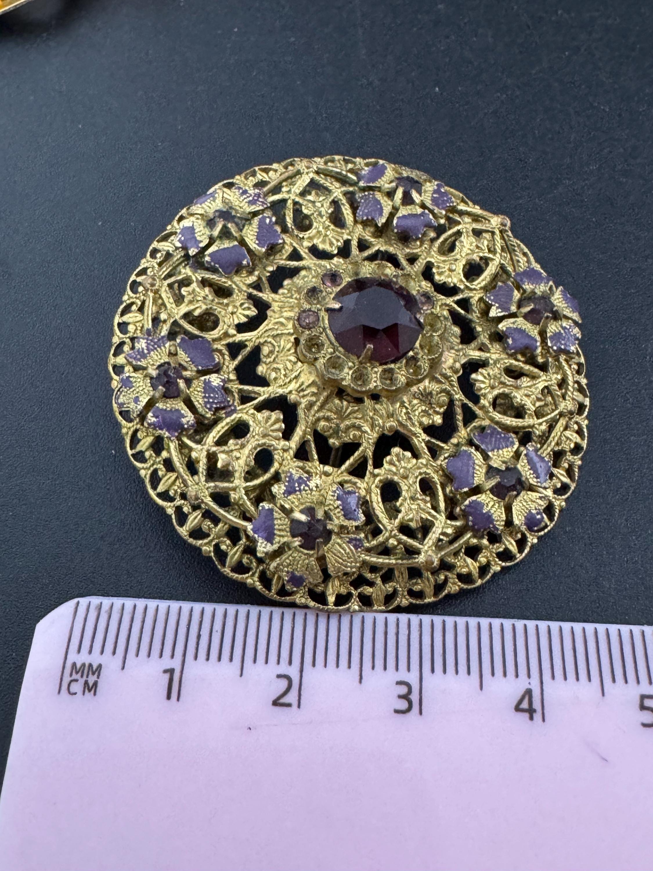 Czech large gold brass filigree faux amethyst purple rhinestone brooch