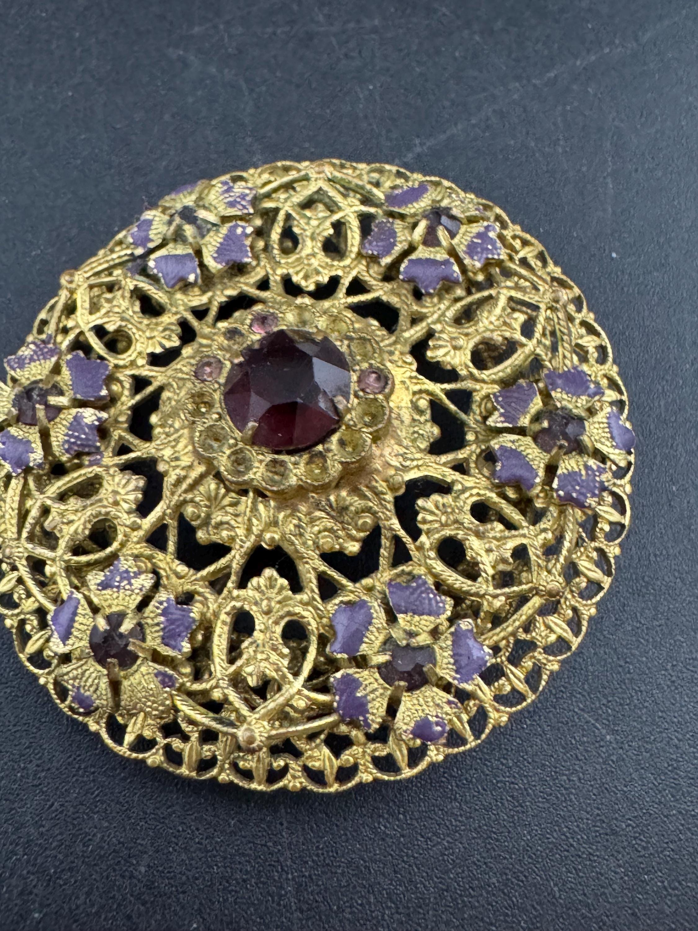 Czech large gold brass filigree faux amethyst purple rhinestone brooch