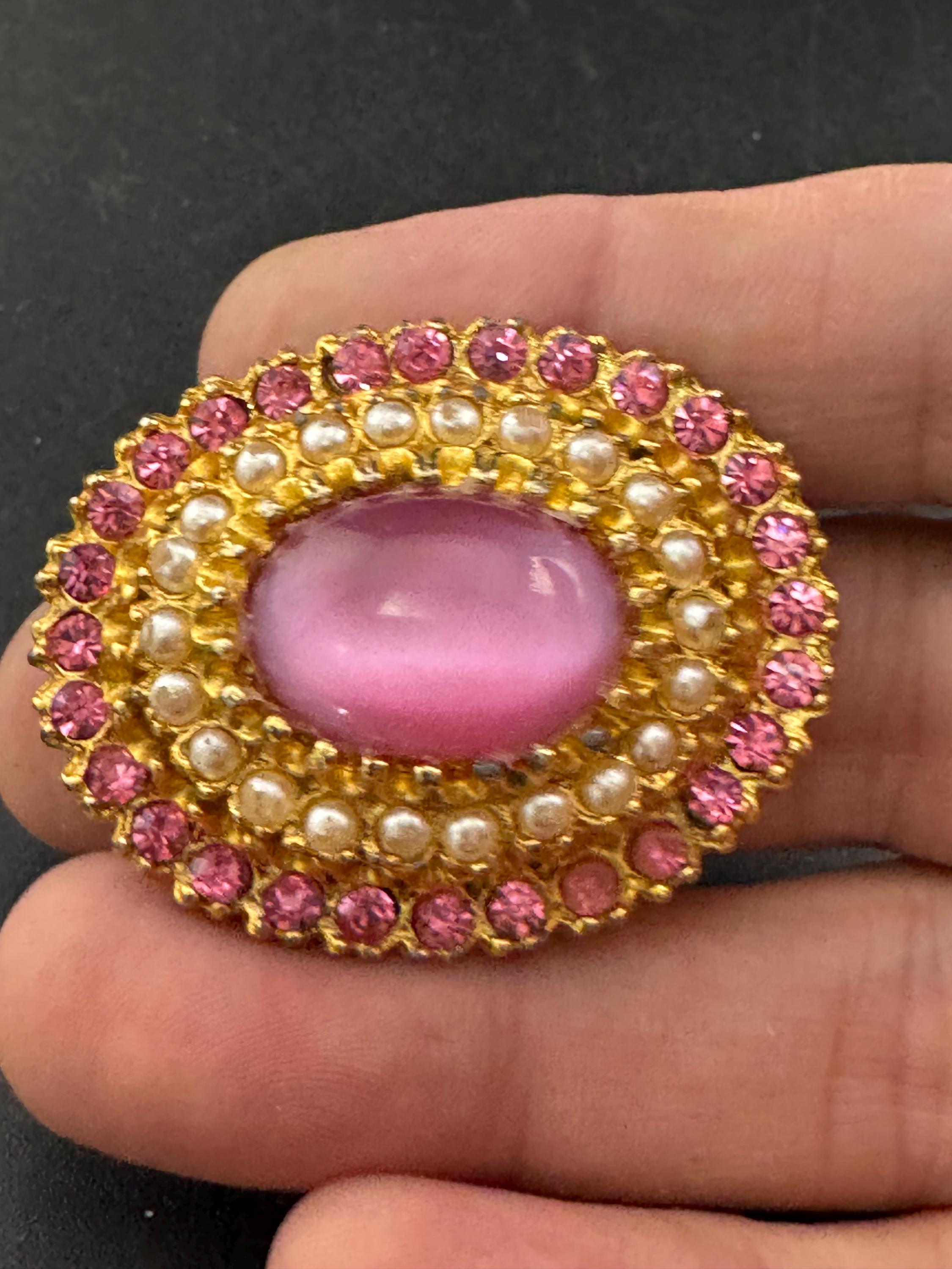 Vintage Art Deco pink satin glass cabochon rhinestone pearl oval Brooch