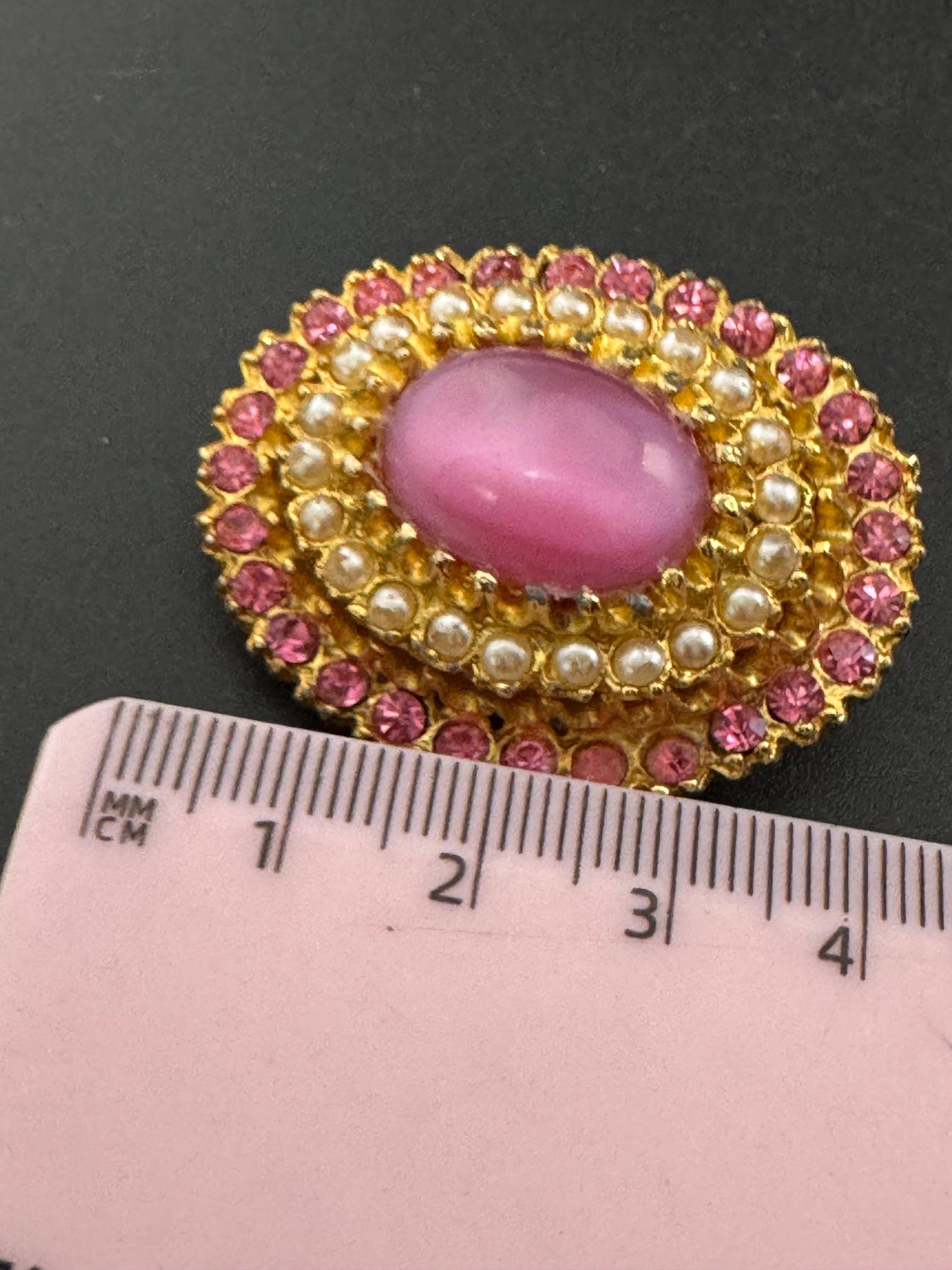 Vintage Art Deco pink satin glass cabochon rhinestone pearl oval Brooch