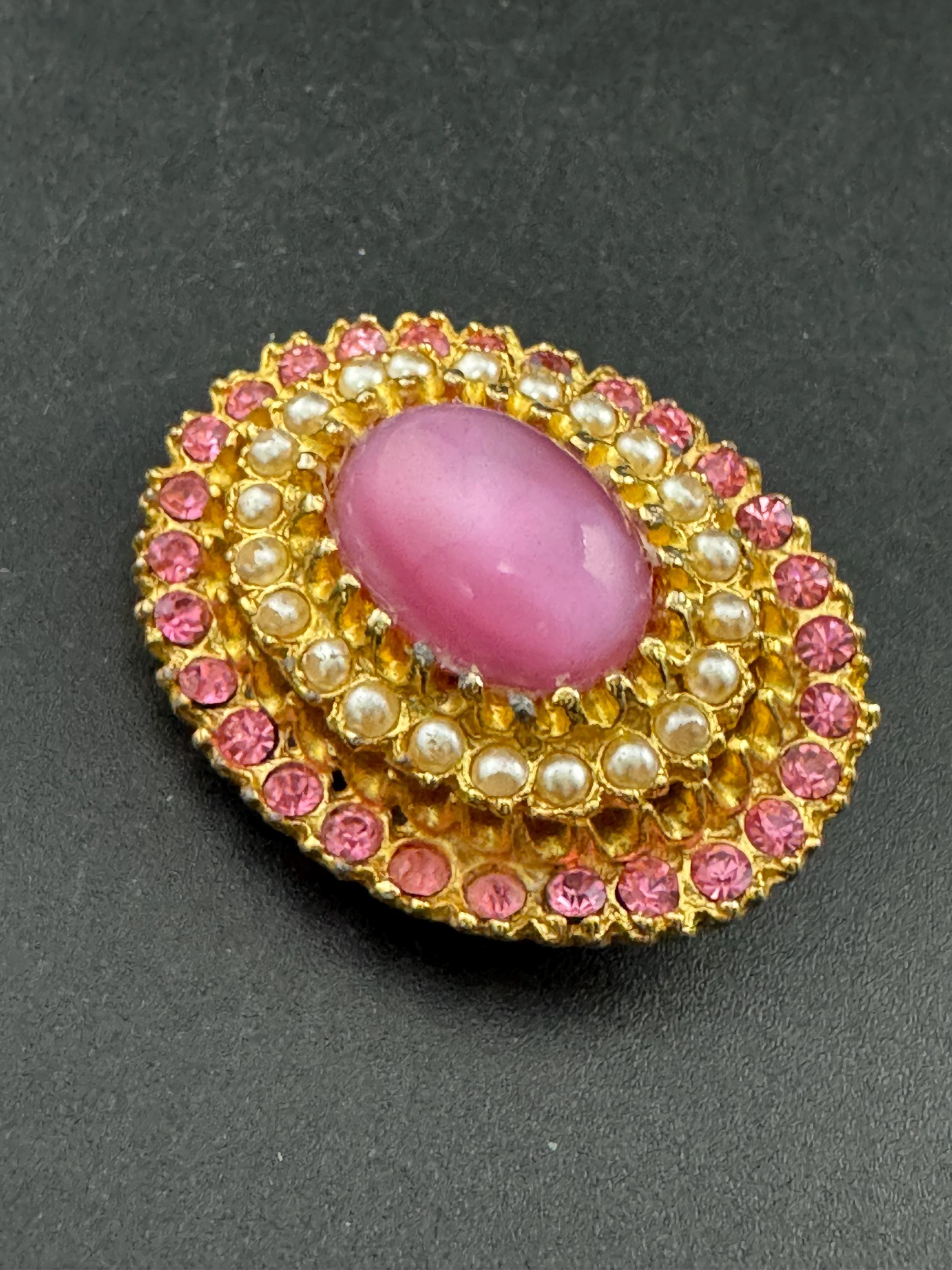 Vintage Art Deco pink satin glass cabochon rhinestone pearl oval Brooch