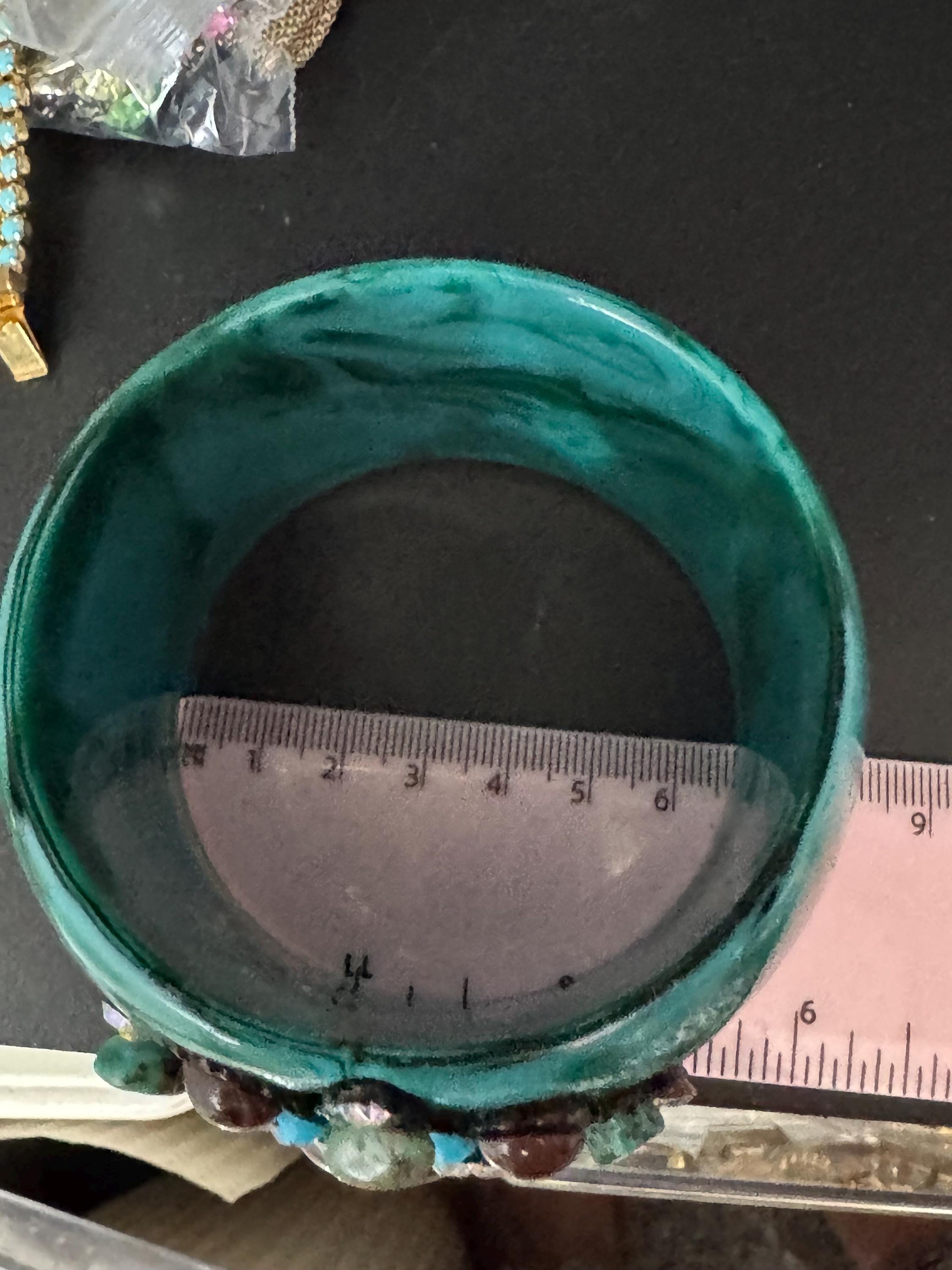 vintage oversized teal blue green AB rhinestone & Gemstone wide acrylic bangle