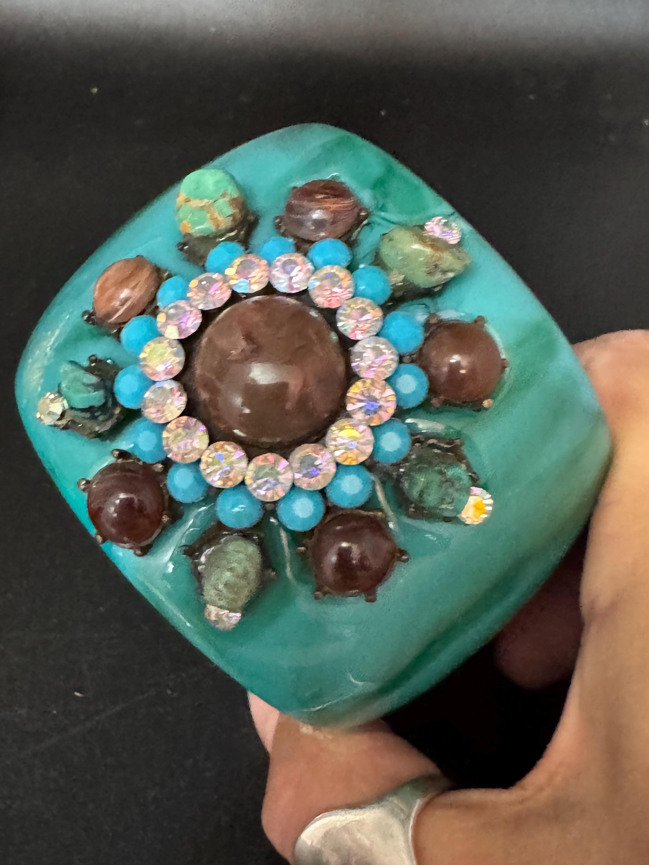 vintage oversized teal blue green AB rhinestone & Gemstone wide acrylic bangle