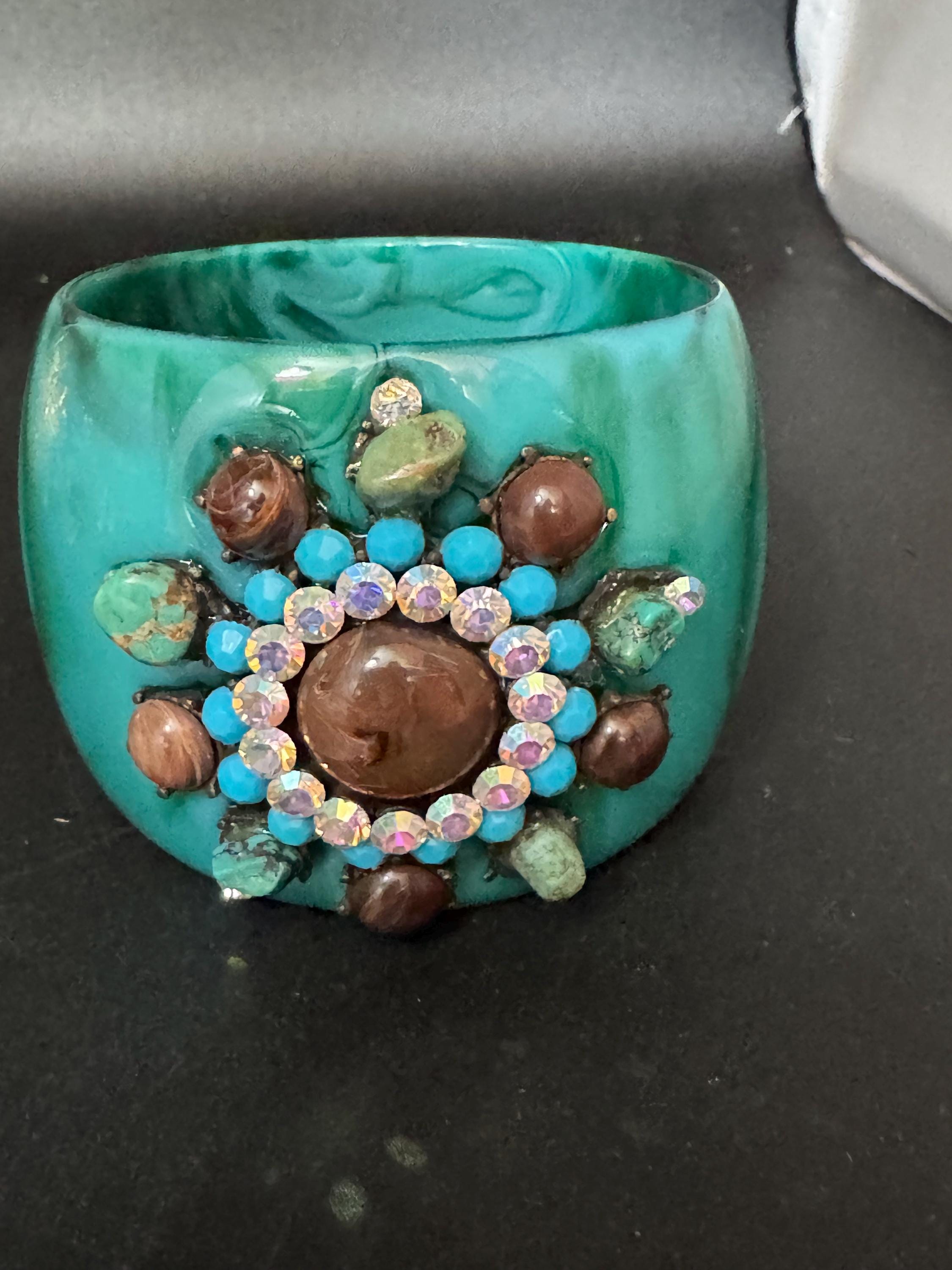 vintage oversized teal blue green AB rhinestone & Gemstone wide acrylic bangle
