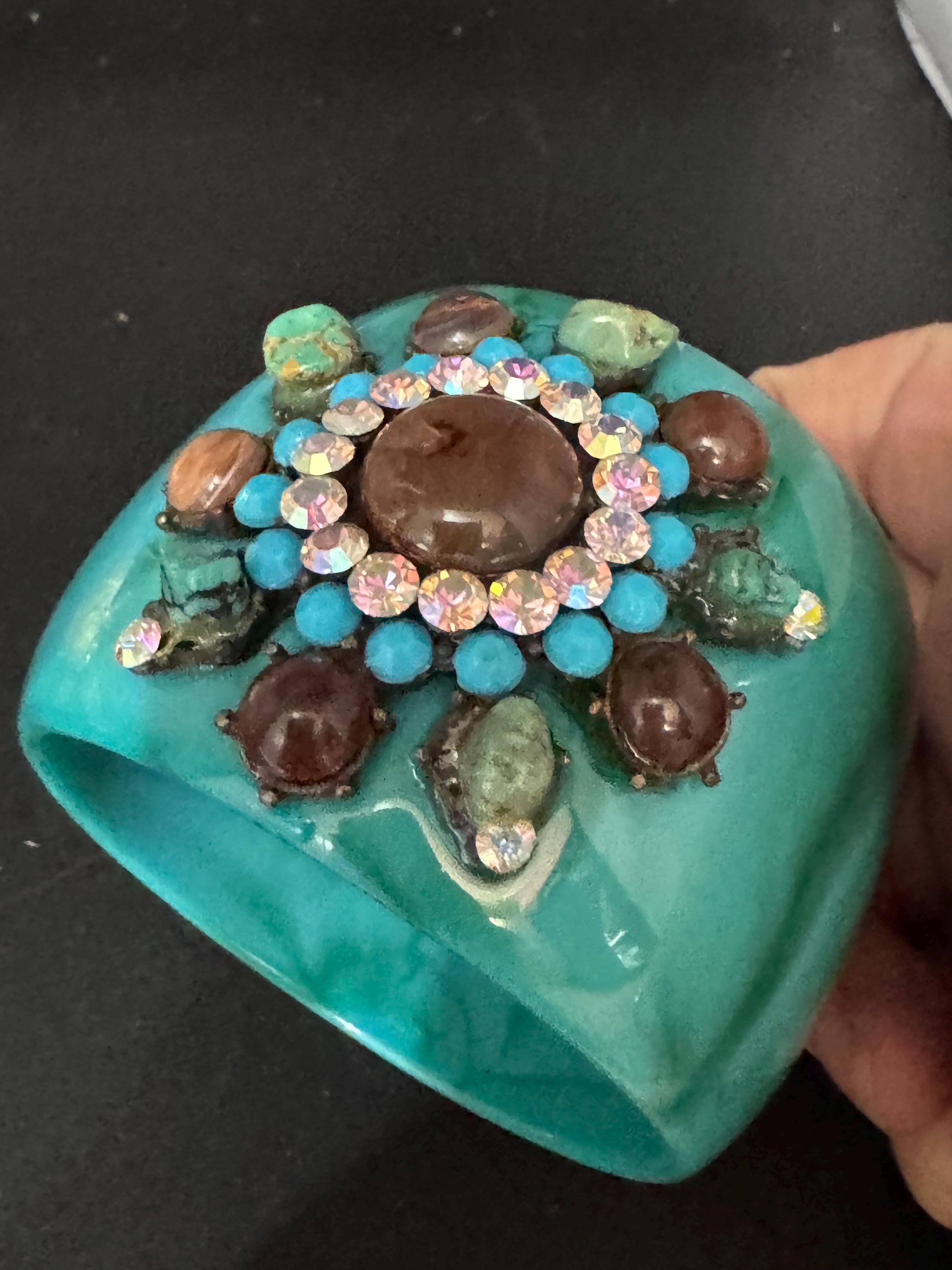 vintage oversized teal blue green AB rhinestone & Gemstone wide acrylic bangle