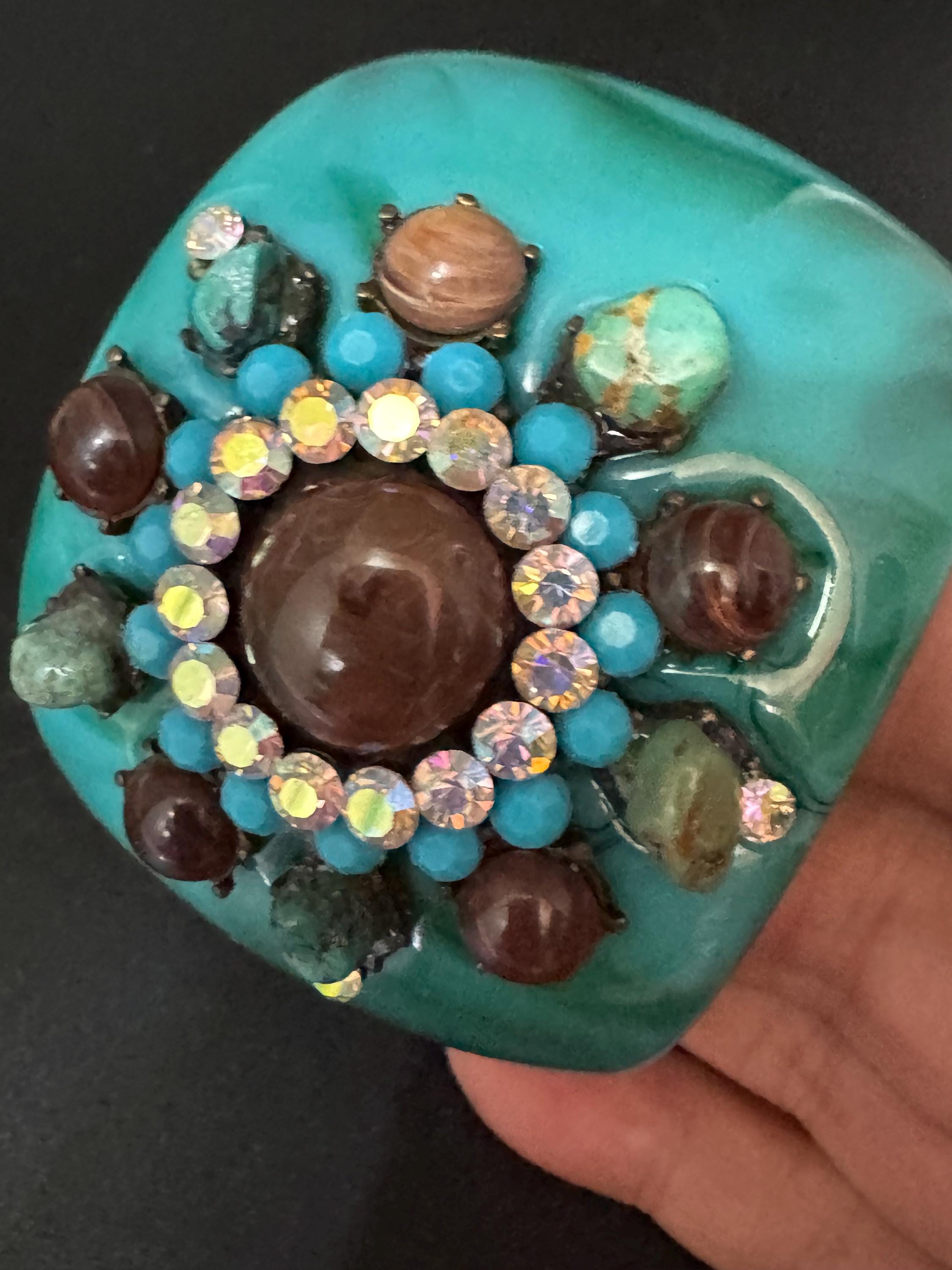 vintage oversized teal blue green AB rhinestone & Gemstone wide acrylic bangle