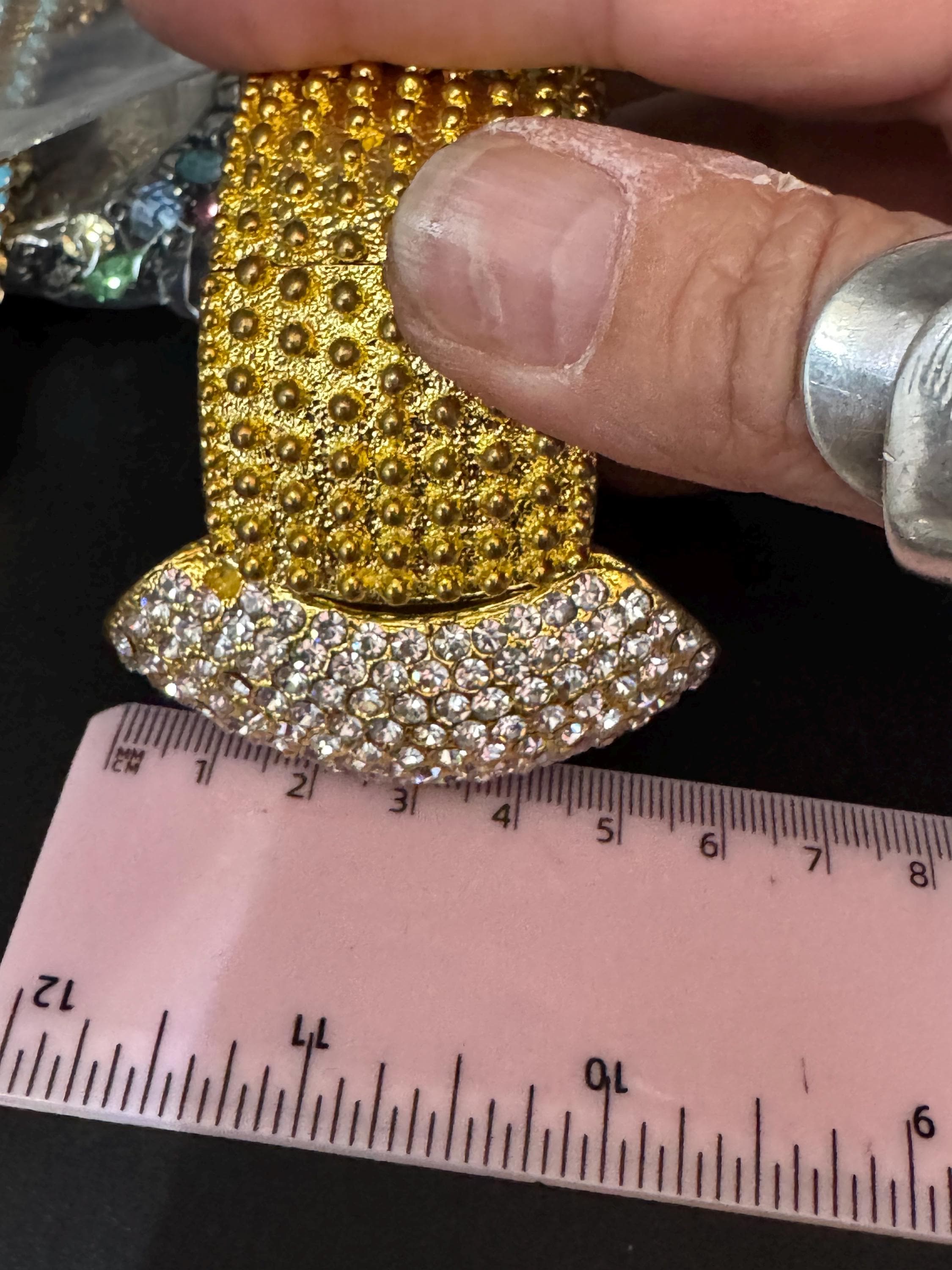 Vintage oversized clear diamanté crystal wide gold tone cuff bangle