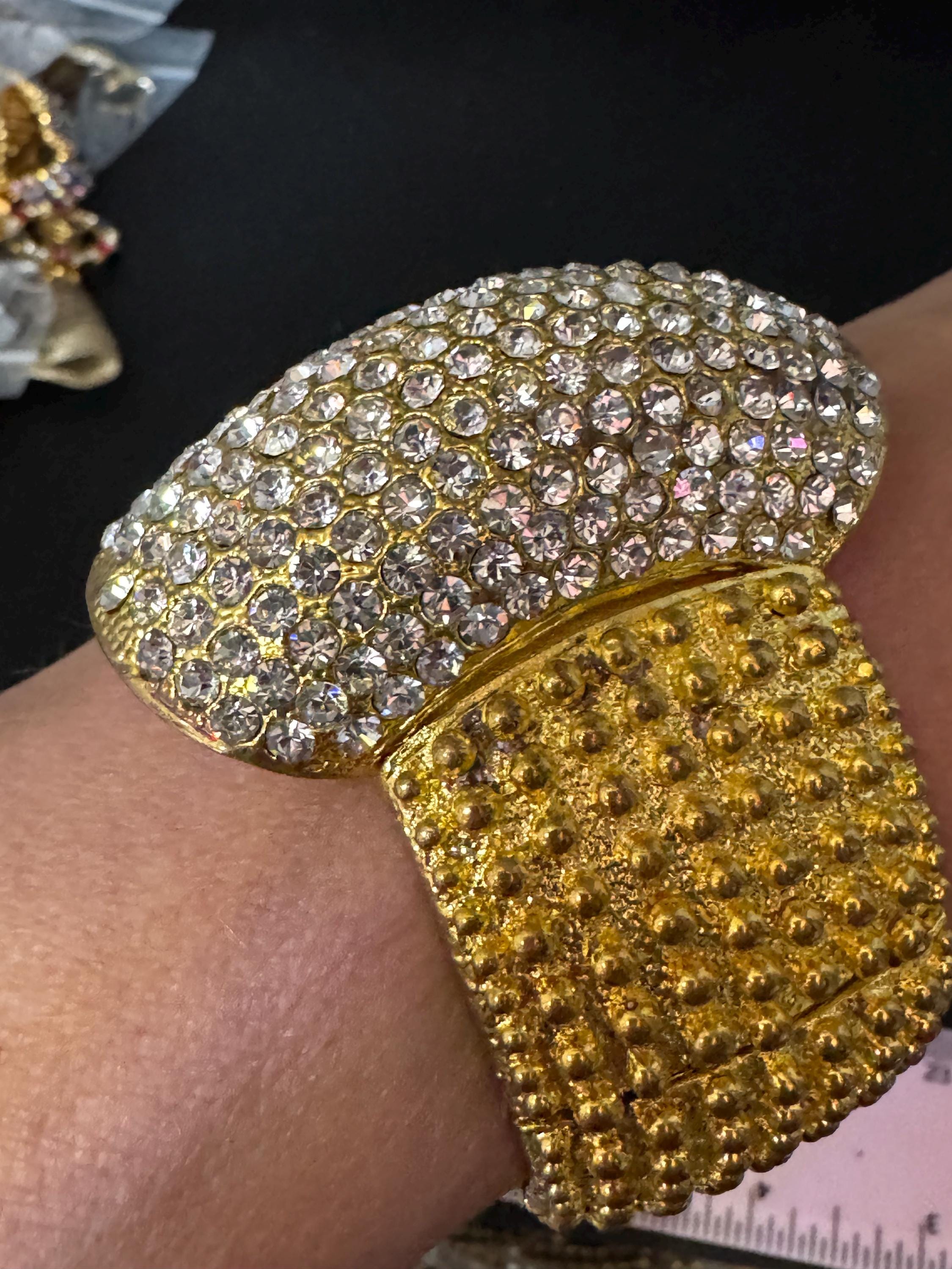 Vintage oversized clear diamanté crystal wide gold tone cuff bangle