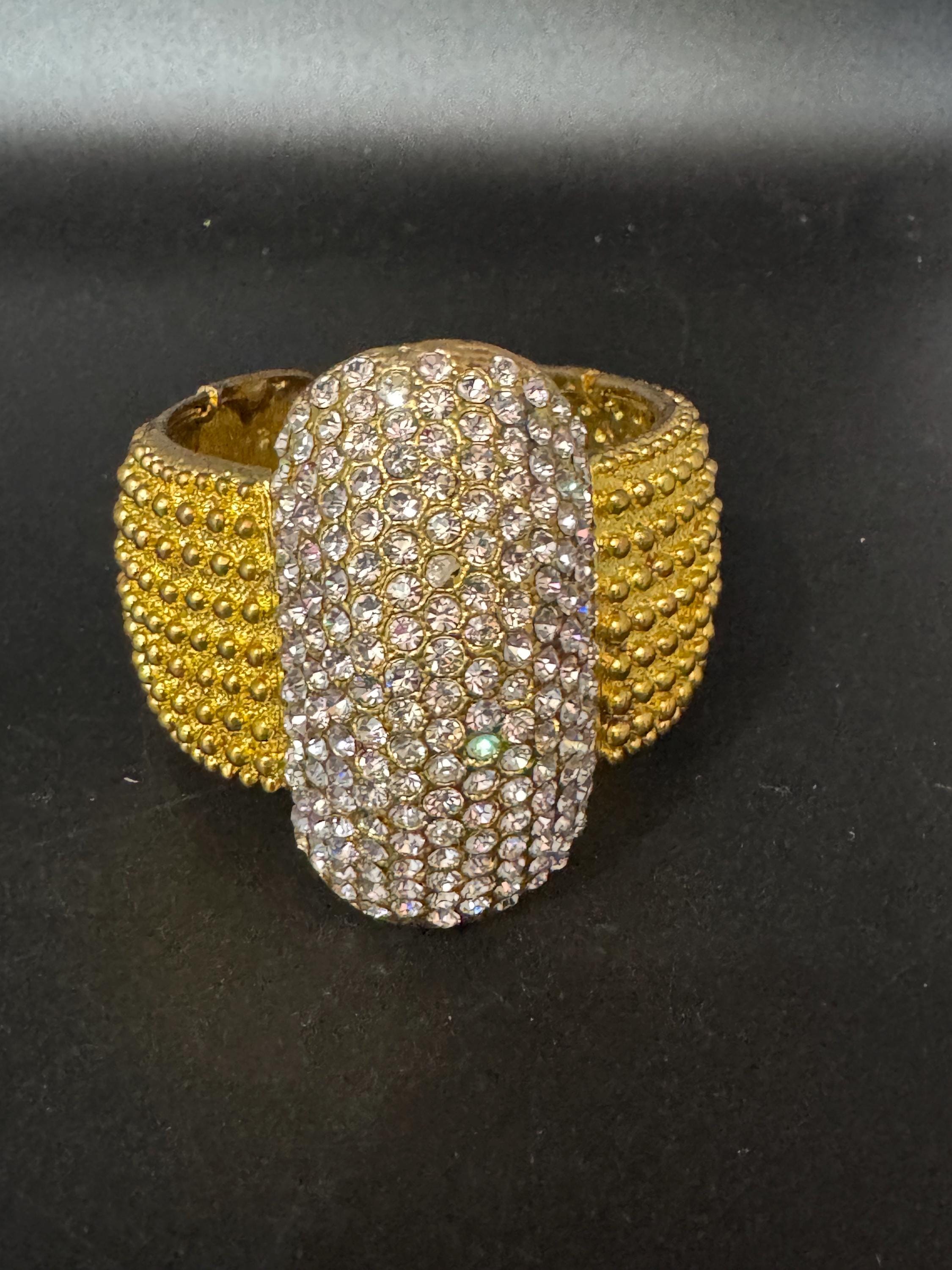 Vintage oversized clear diamanté crystal wide gold tone cuff bangle