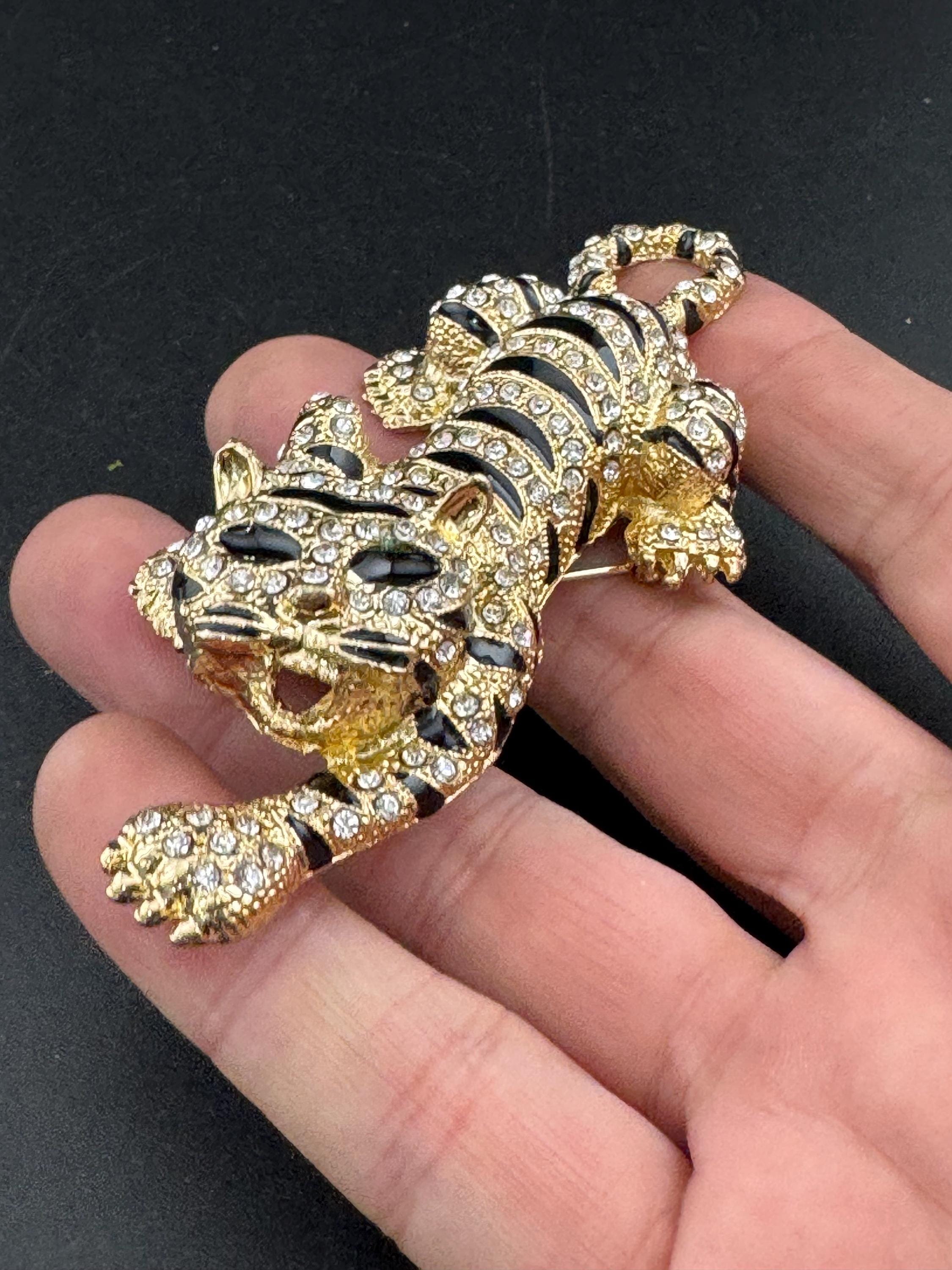Retro 9cm Rhinestone Tiger Brooch: Black Enamel Big Cat, Gold Tone