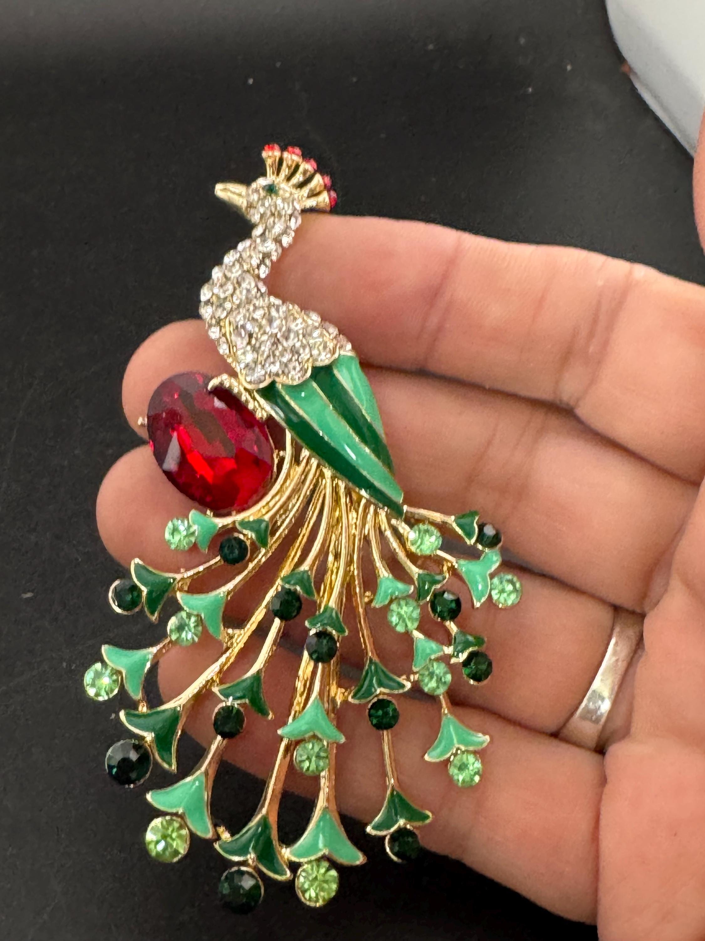 Retro green enamel Peacock Bird brooch white RG ruby red cabochon crystal