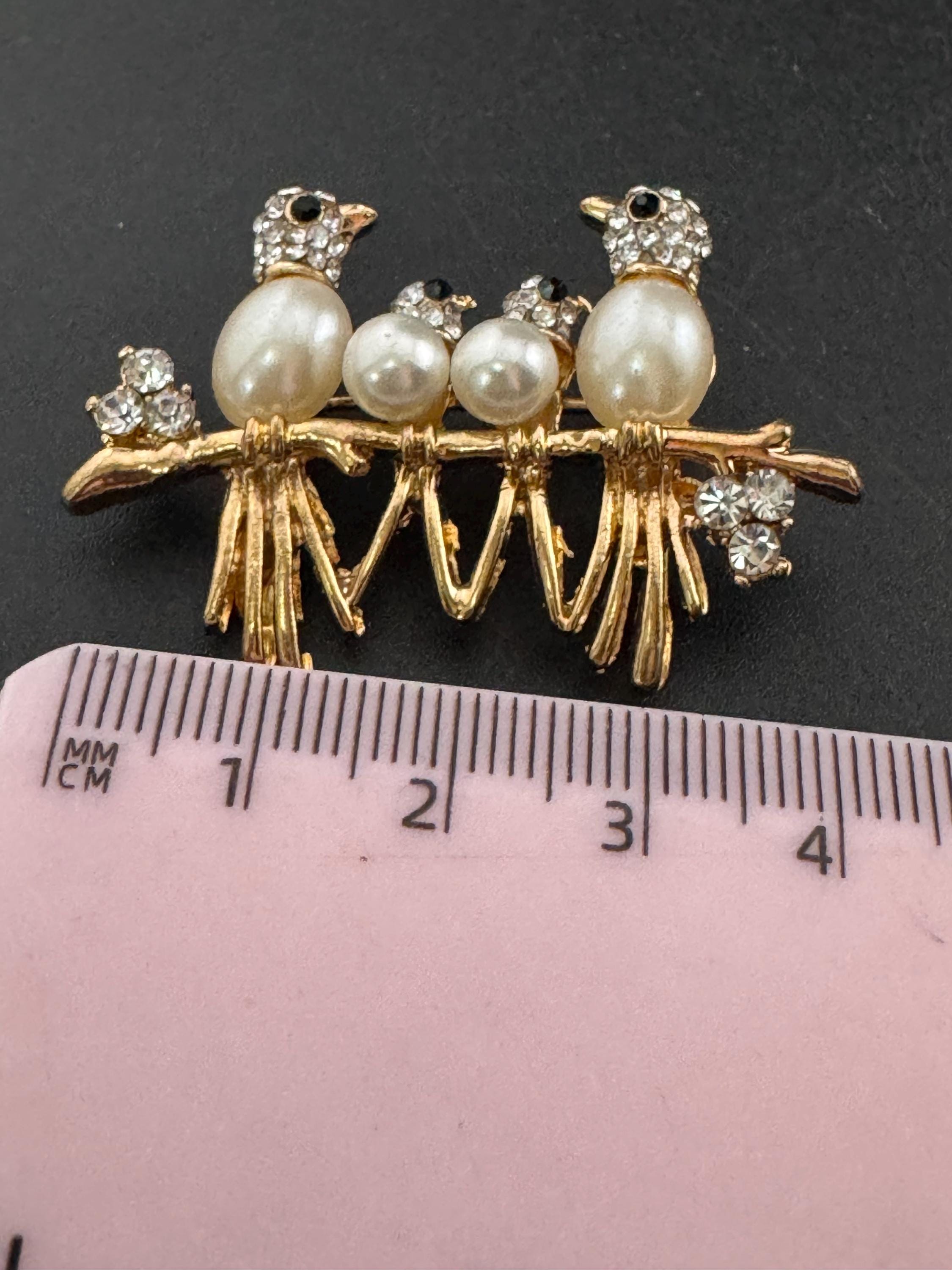 Retro pearl rhinestone birds on a branch brooch, gold tone