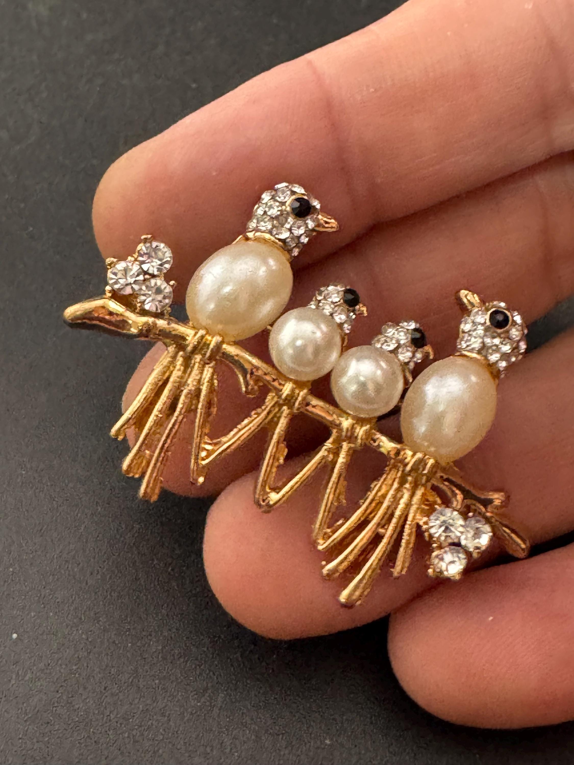 Retro pearl rhinestone birds on a branch brooch, gold tone