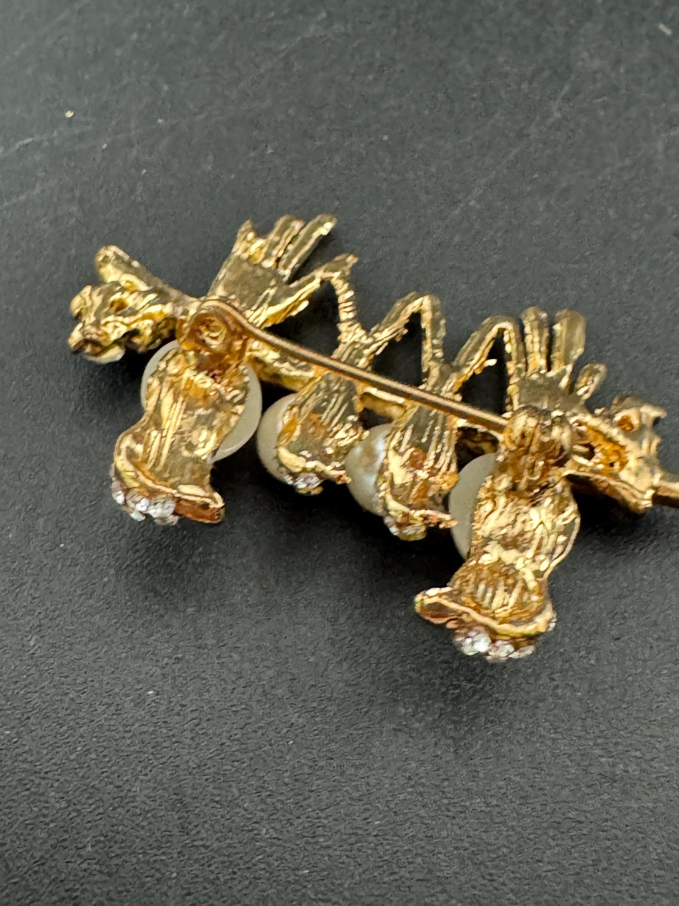 Retro pearl rhinestone birds on a branch brooch, gold tone