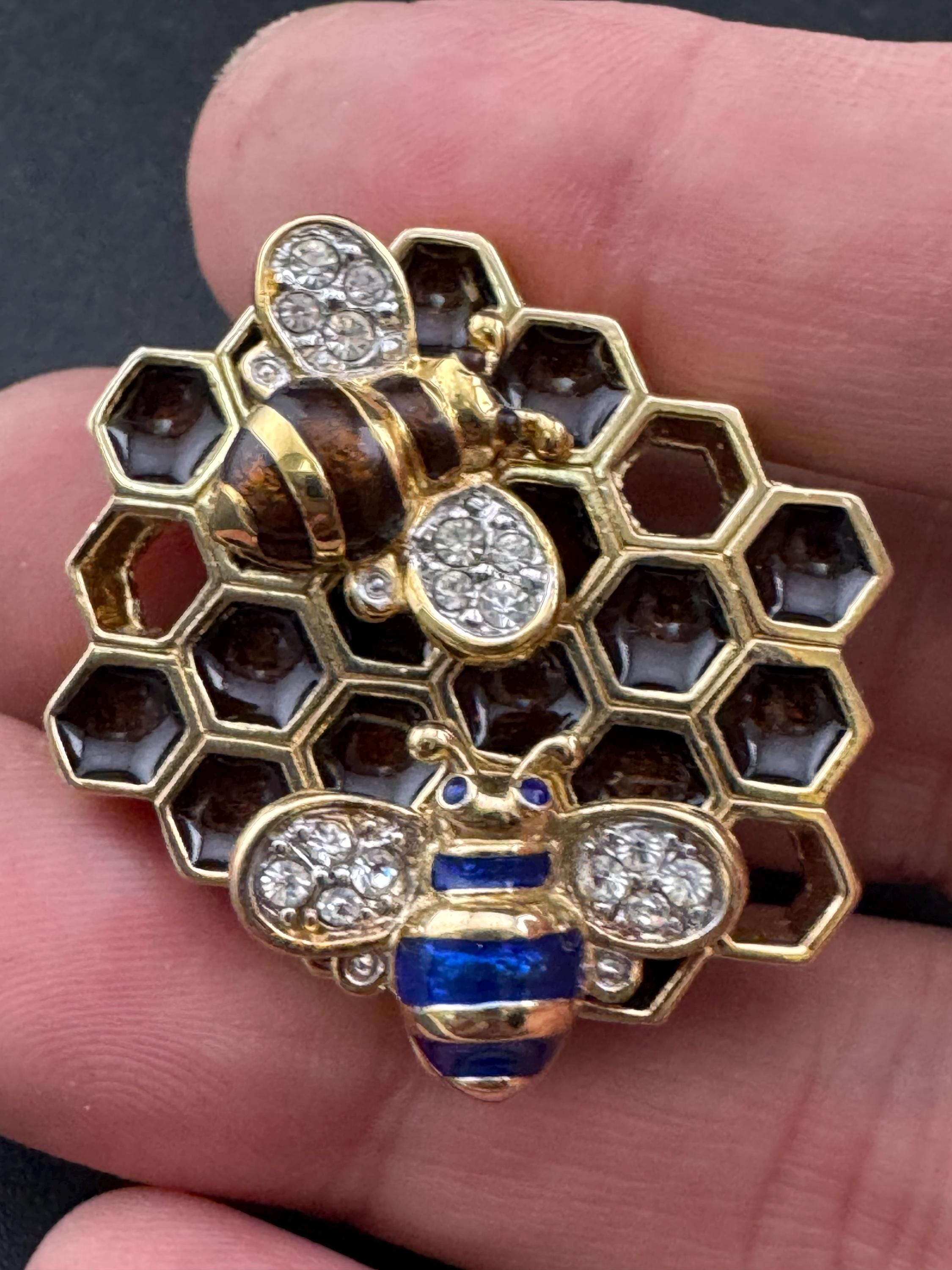 Vintage rhinestone and enamel honeycomb and bees brooch, interchangeable