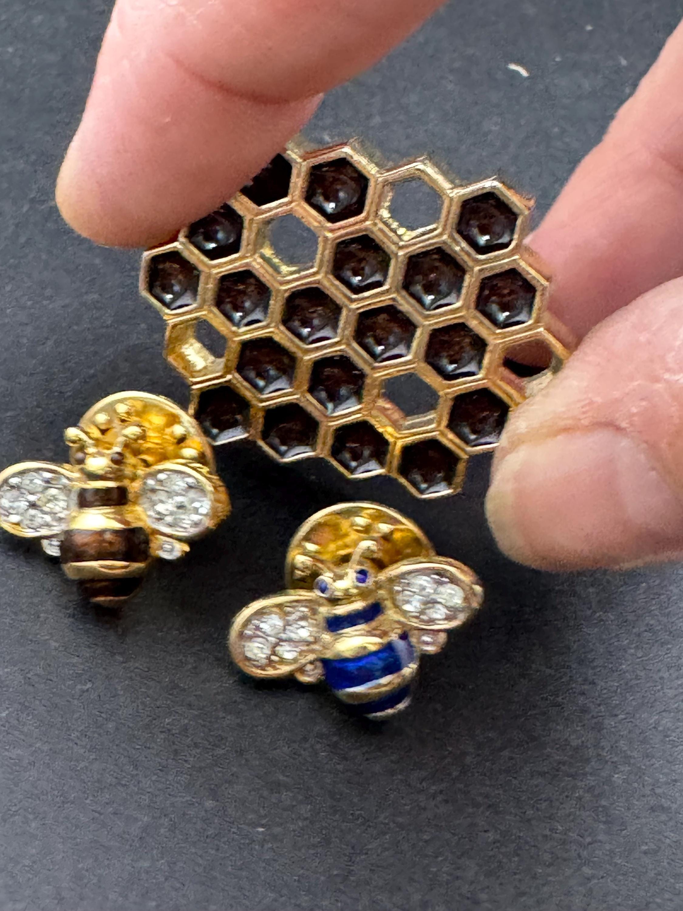 Vintage rhinestone and enamel honeycomb and bees brooch, interchangeable