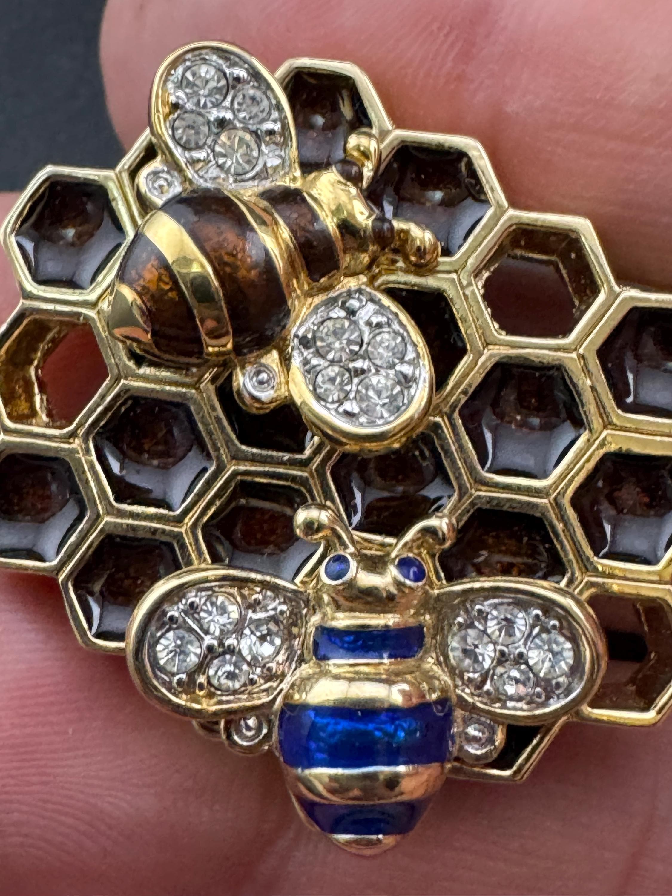 Vintage rhinestone and enamel honeycomb and bees brooch, interchangeable