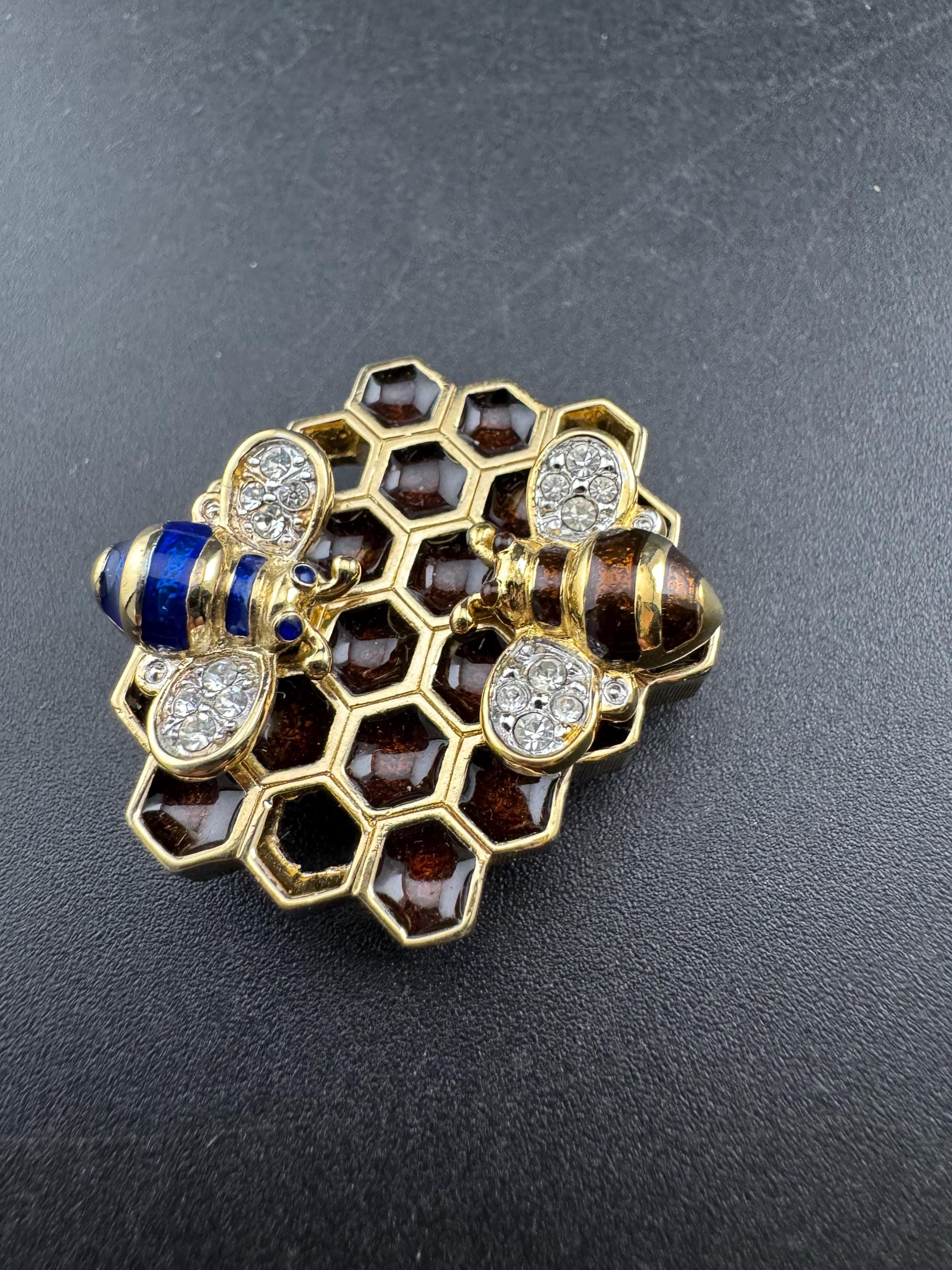 Vintage rhinestone and enamel honeycomb and bees brooch, interchangeable