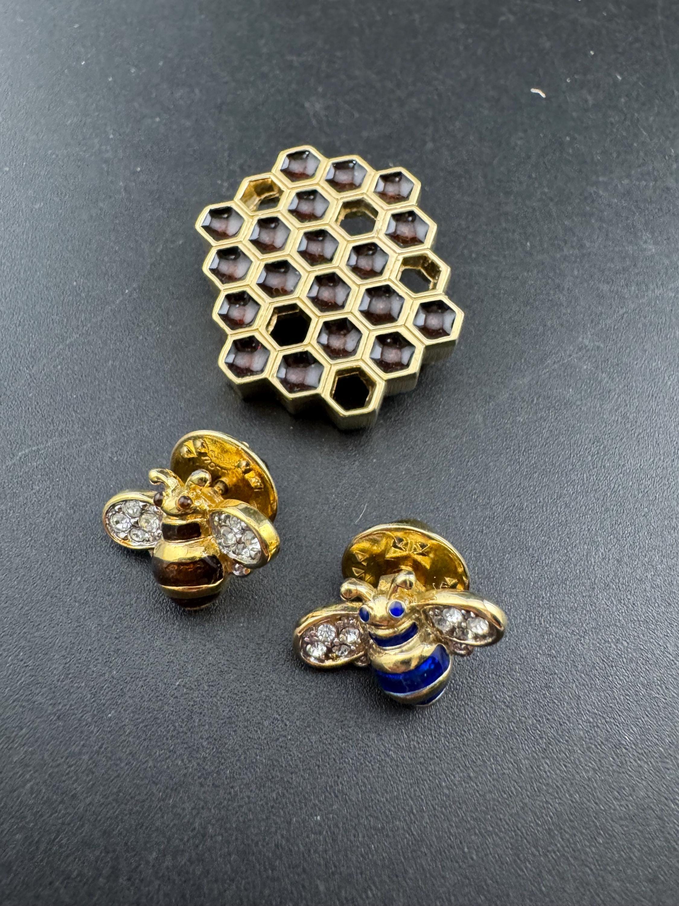 Vintage rhinestone and enamel honeycomb and bees brooch, interchangeable
