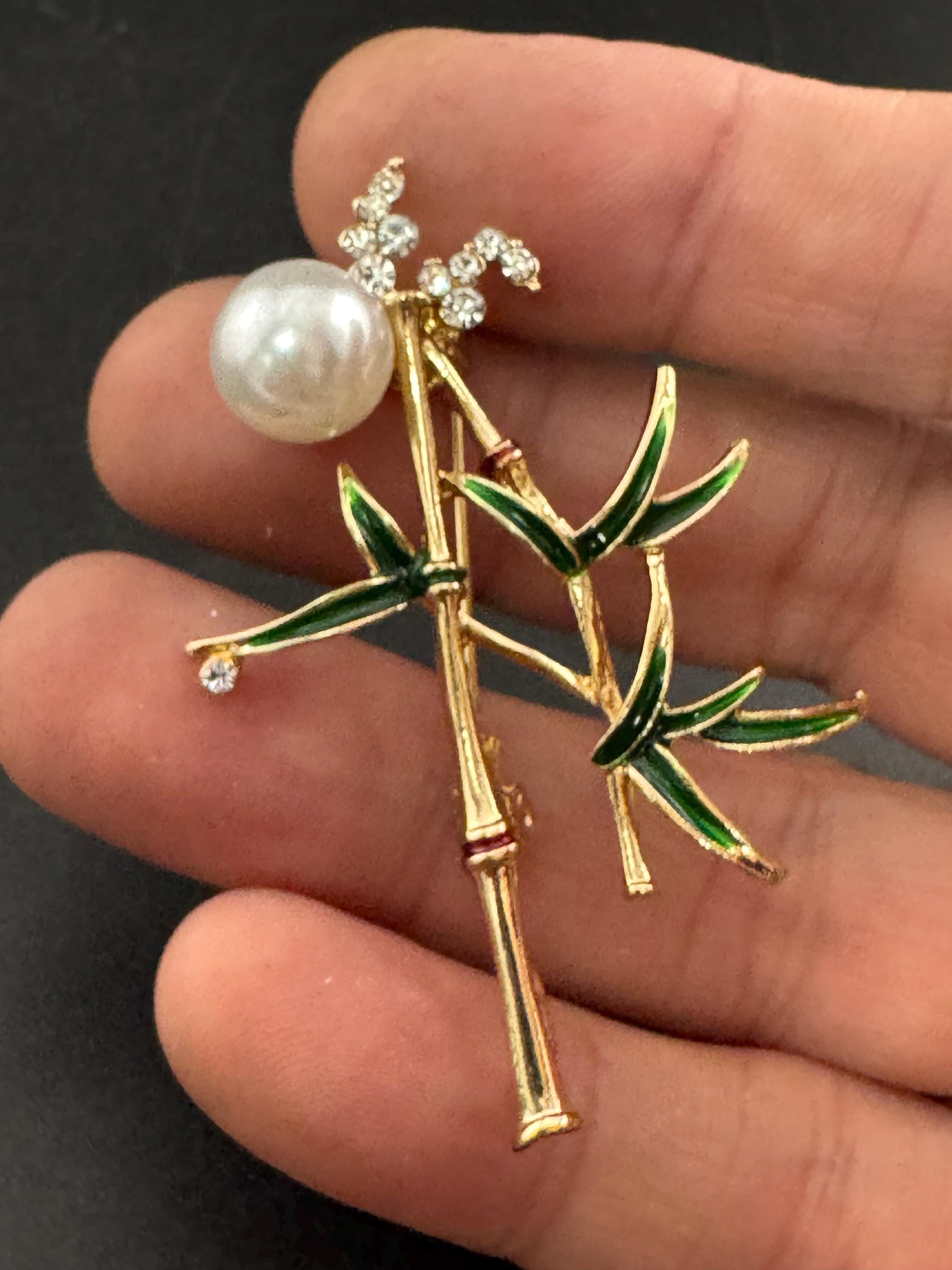 Retro pearl, green enamel and rhinestone bamboo plant brooch gold tone
