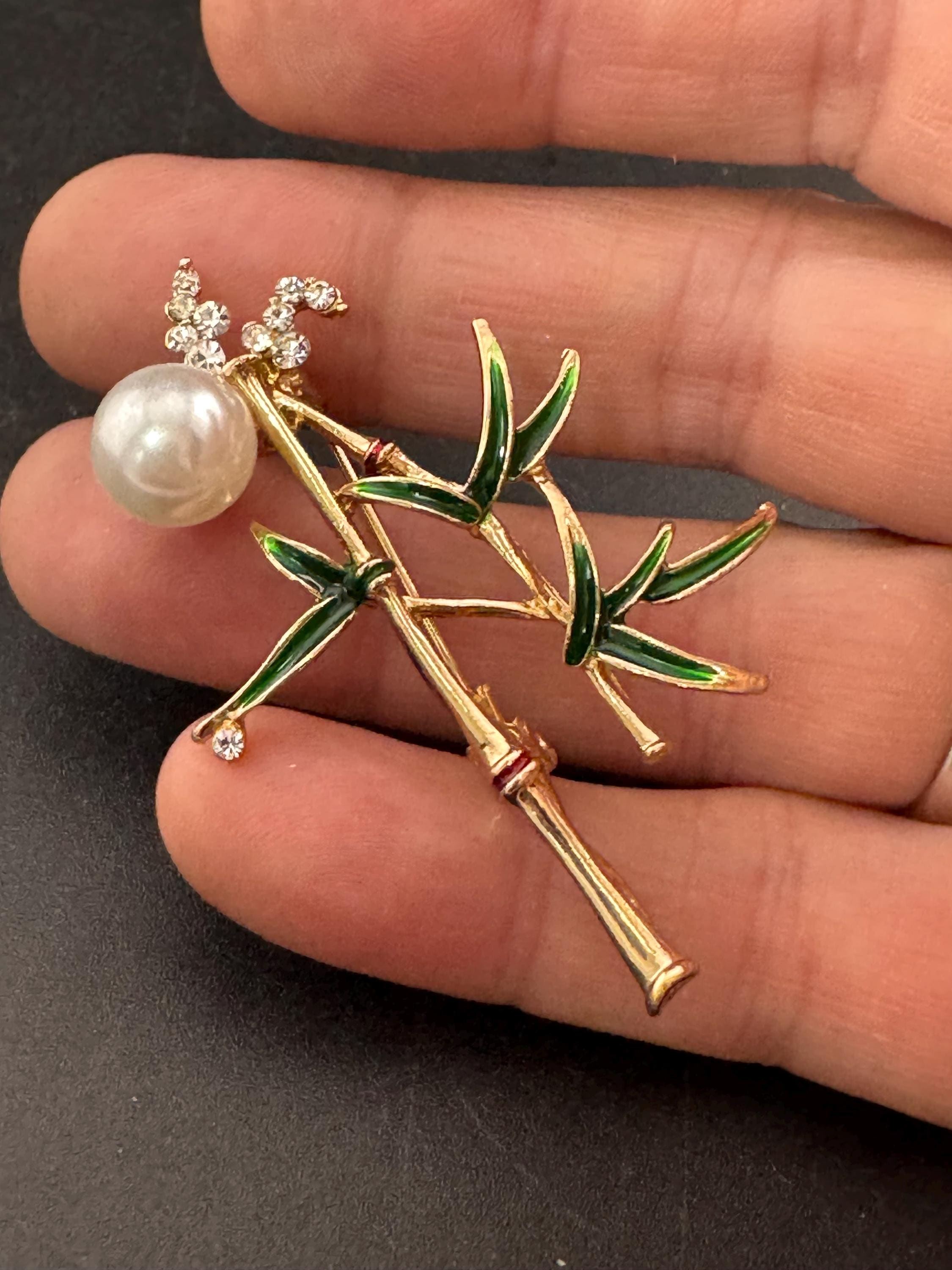 Retro pearl, green enamel and rhinestone bamboo plant brooch gold tone