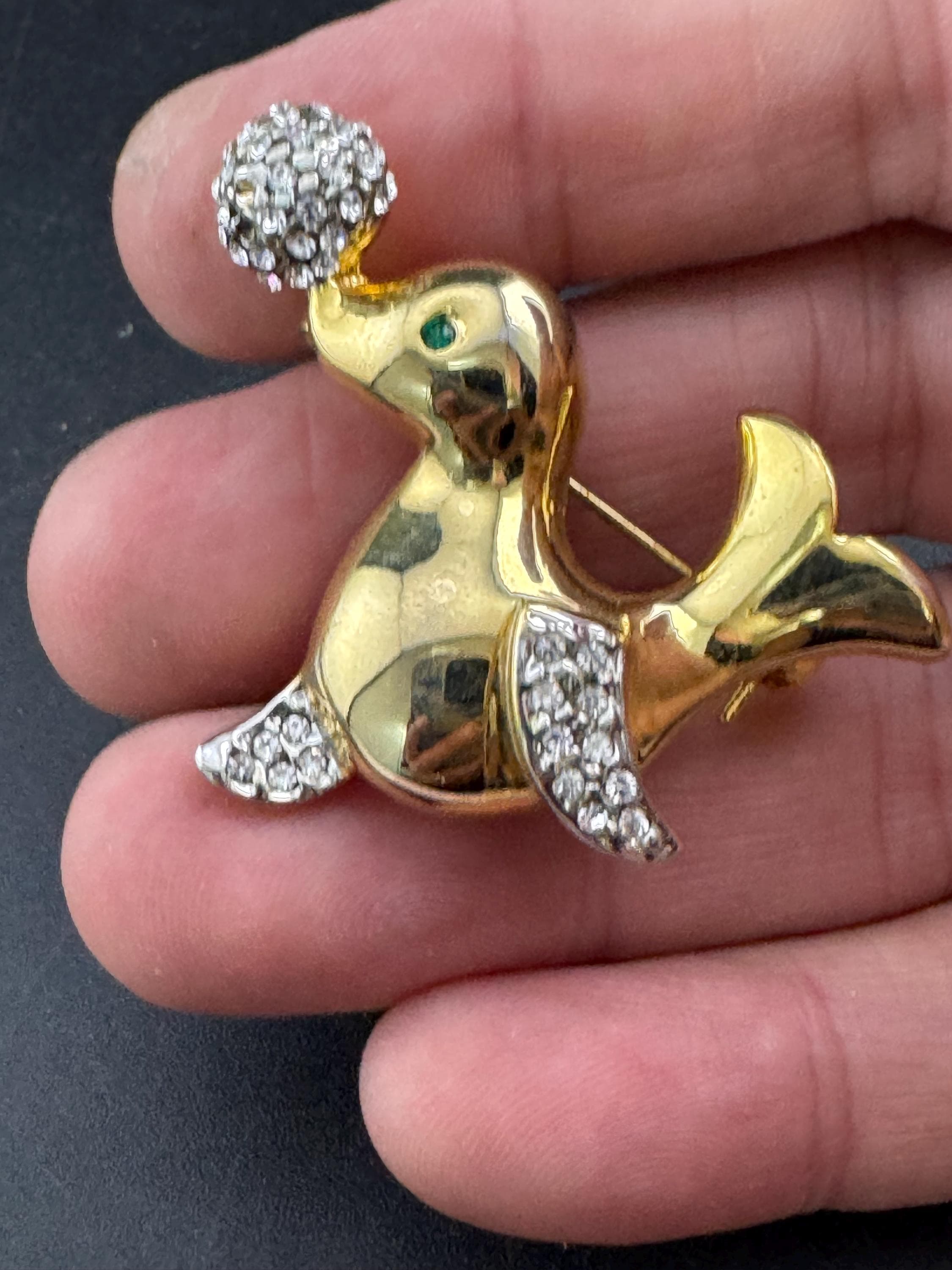 Vintage gold plated seal brooch, crystal rhinestones