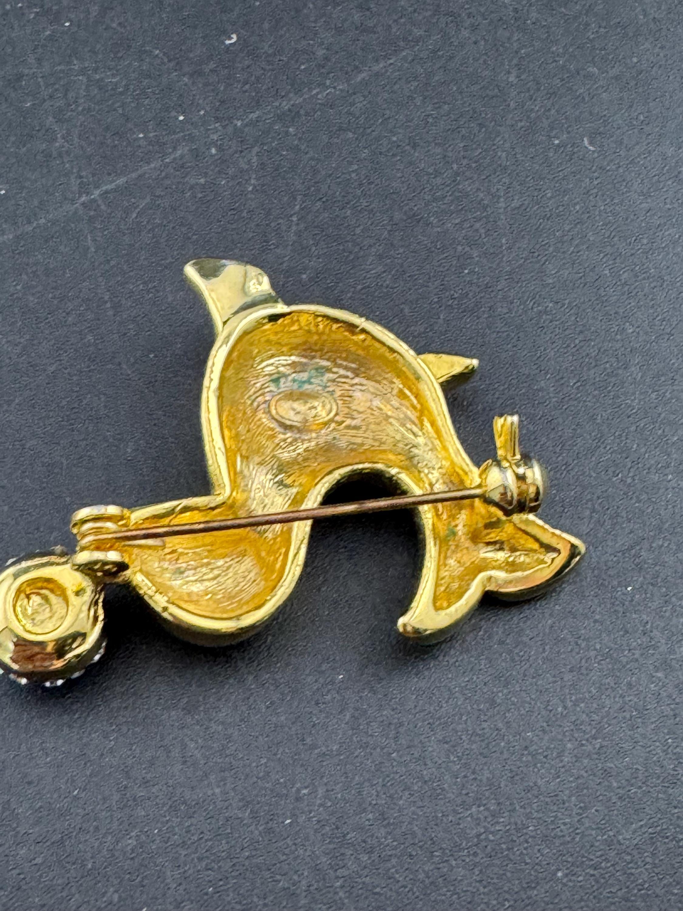 Vintage gold plated seal brooch, crystal rhinestones