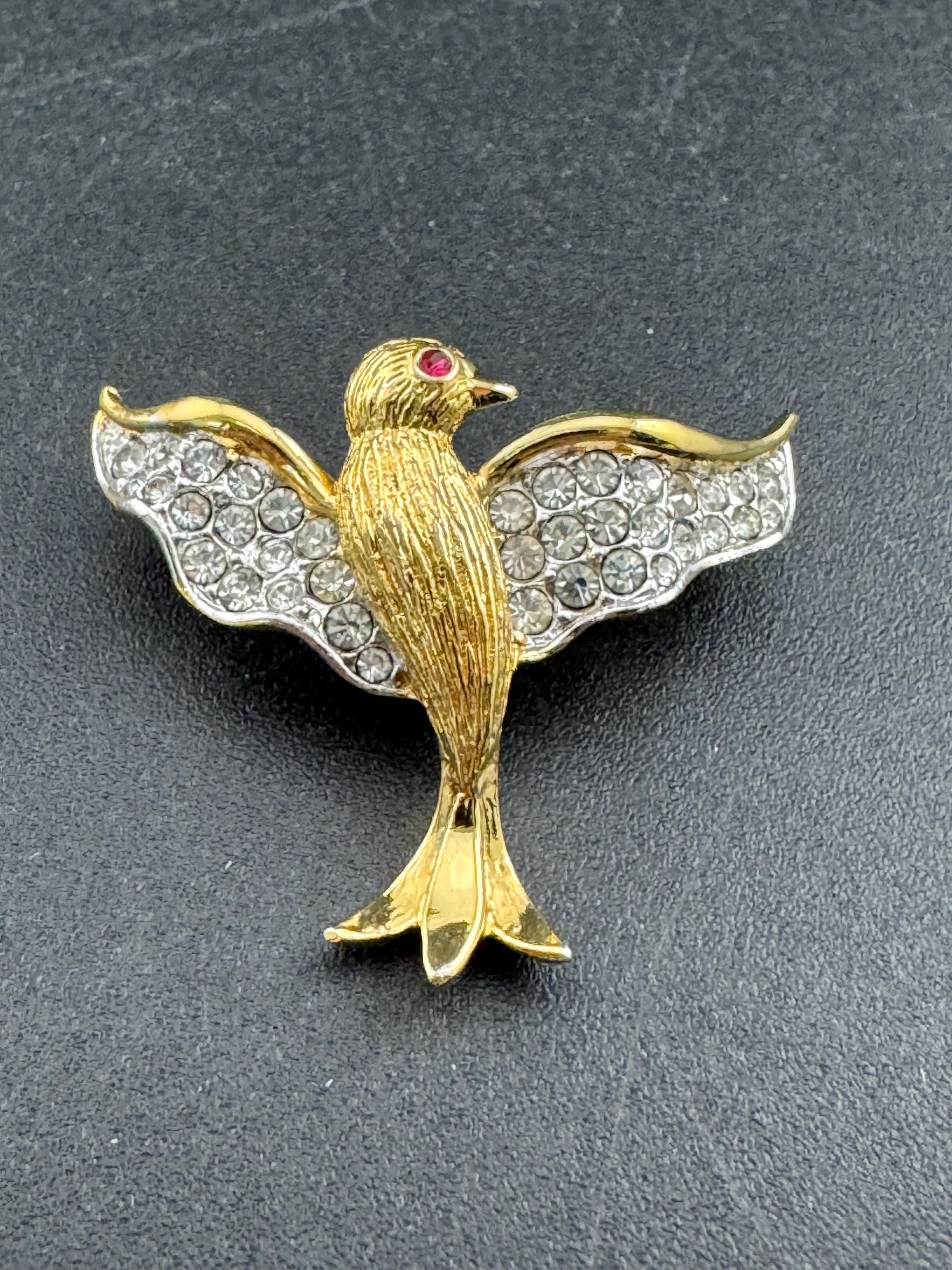 signed Attwood & Sawyer small rhinestone bird brooch, crystal, gold tone
