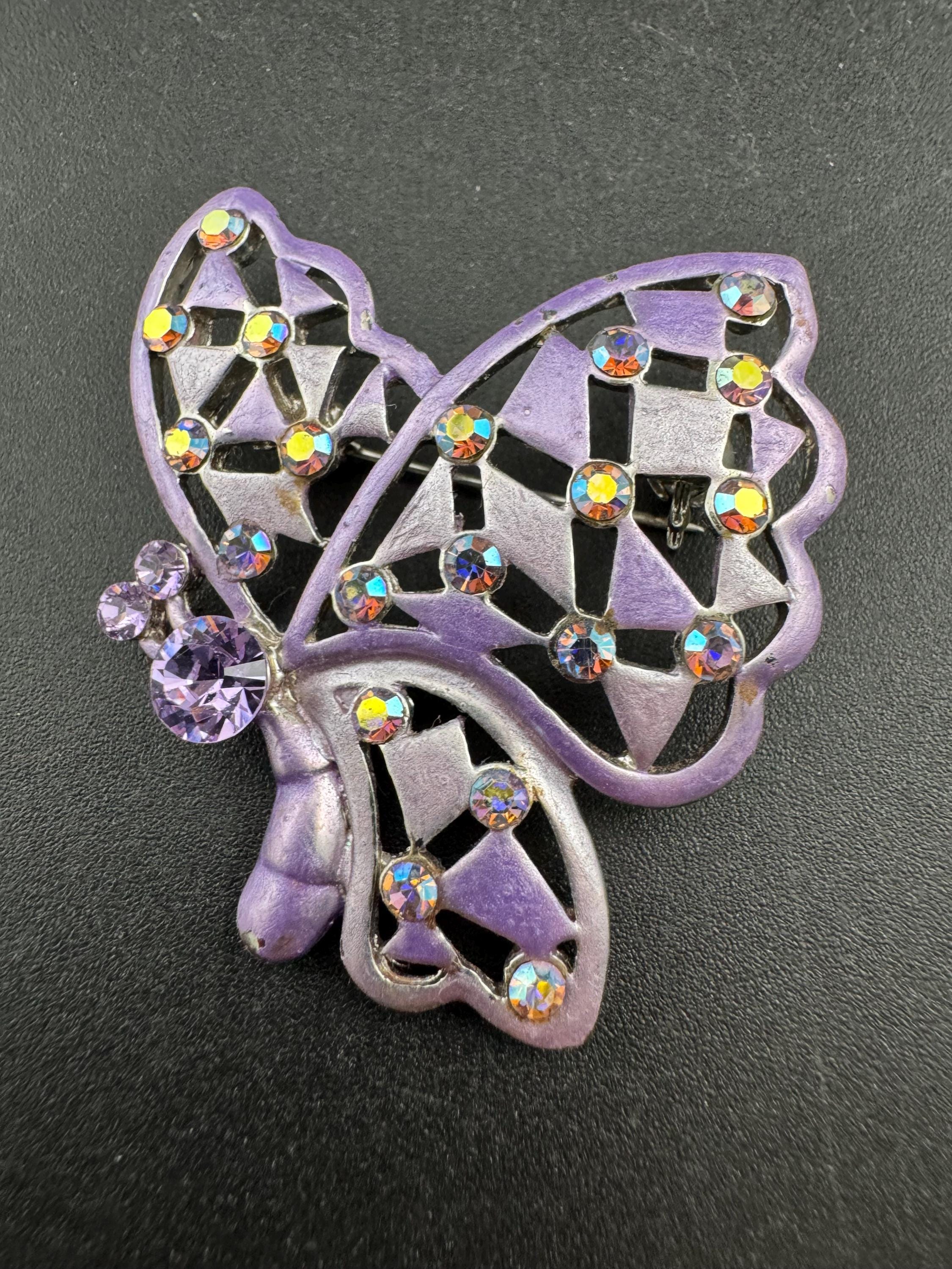 Vintage purple enamel and Rhinestone Butterfly Brooch
