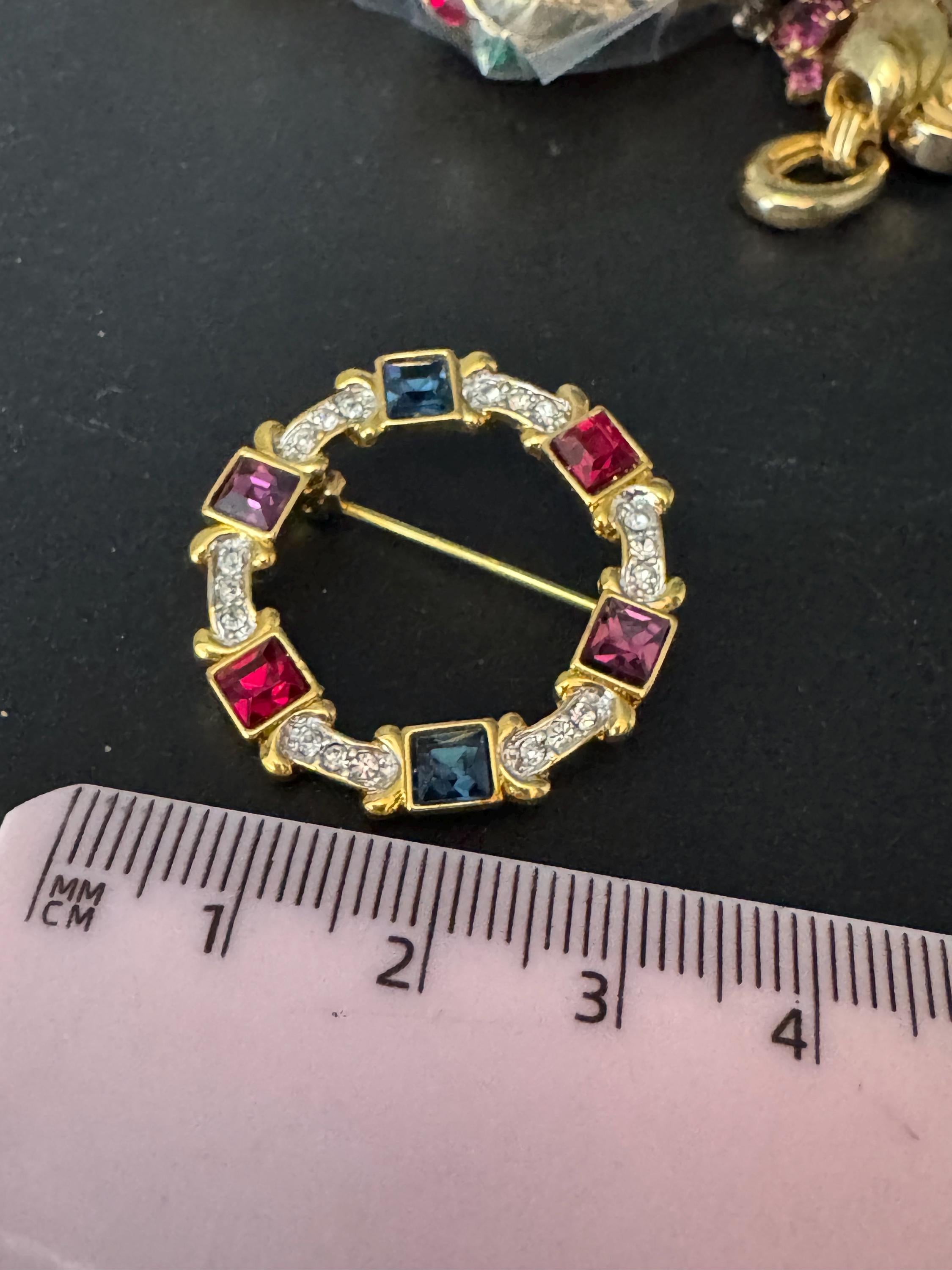 Vintage square crystal diamanté circular broich, purple, gold red