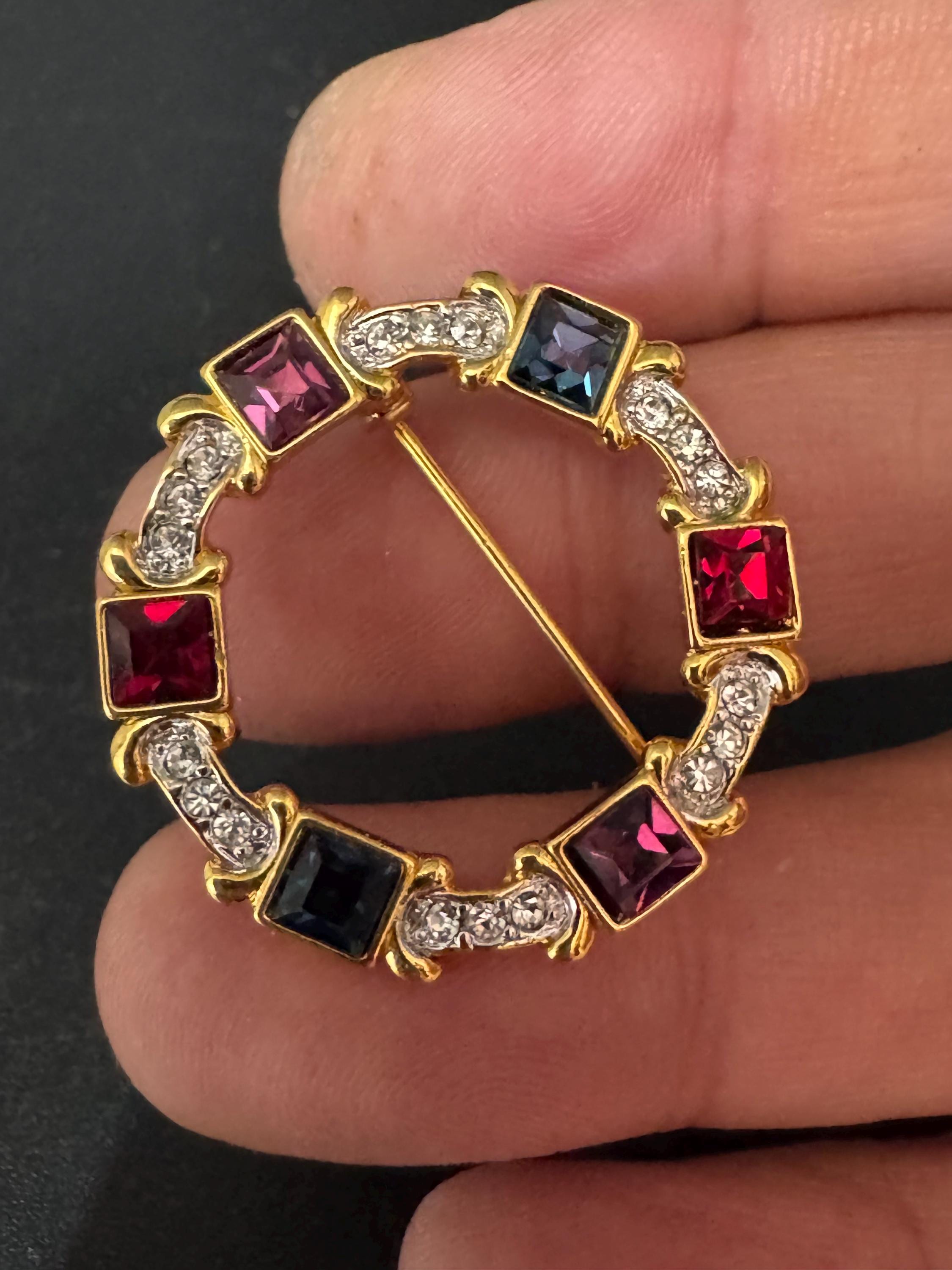 Vintage square crystal diamanté circular broich, purple, gold red