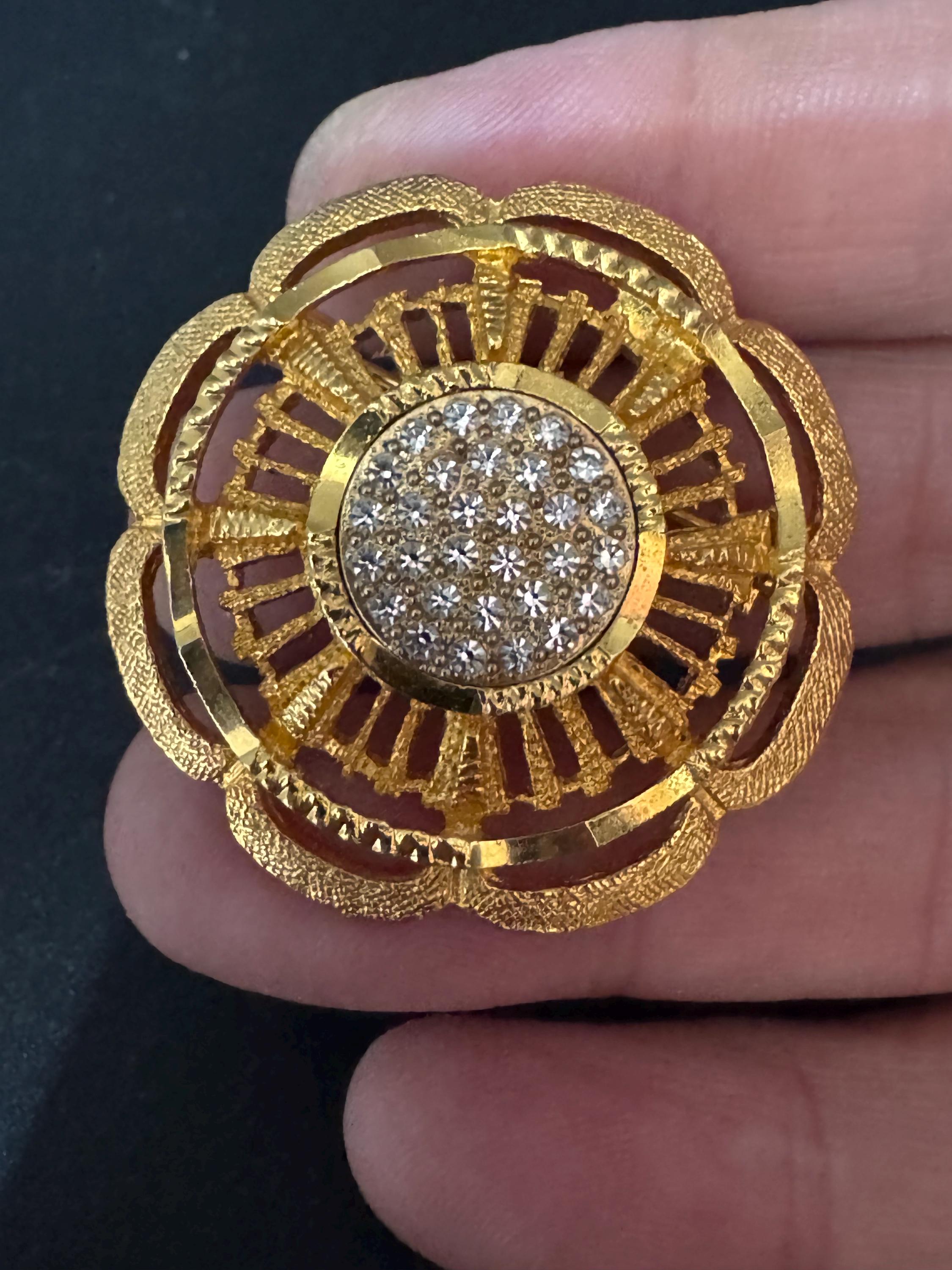 vintage modernist floral brooch, gold tone clear crystal diamanté