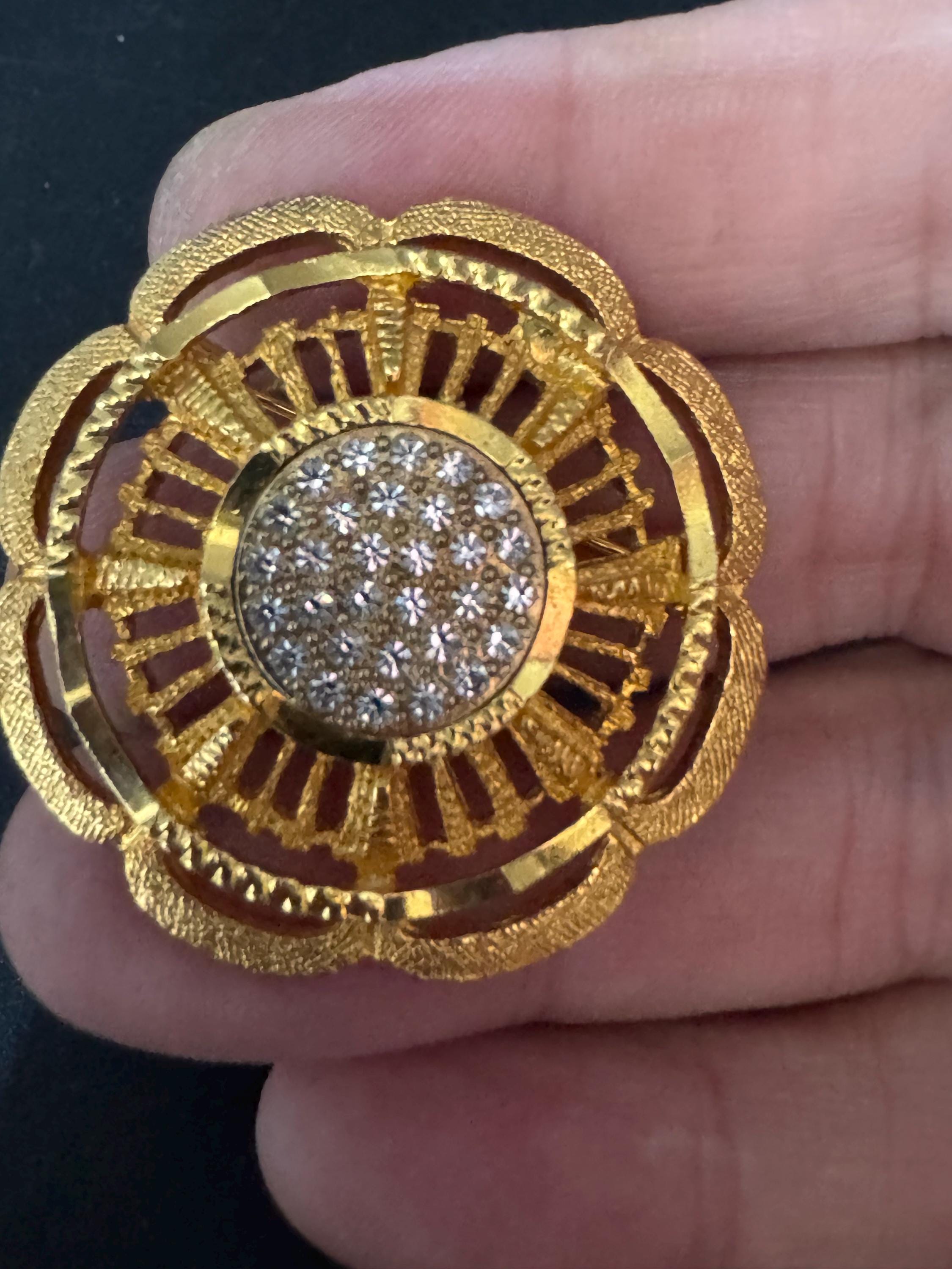 vintage modernist floral brooch, gold tone clear crystal diamanté